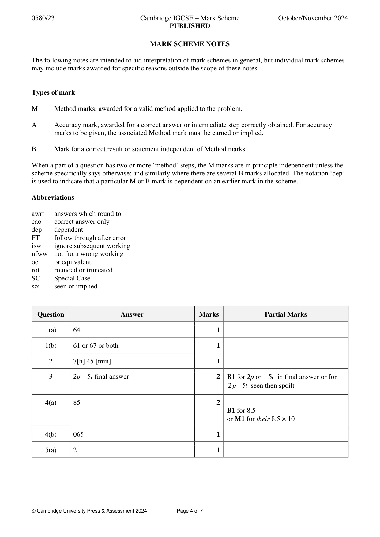 Mark scheme, page 4 of 7