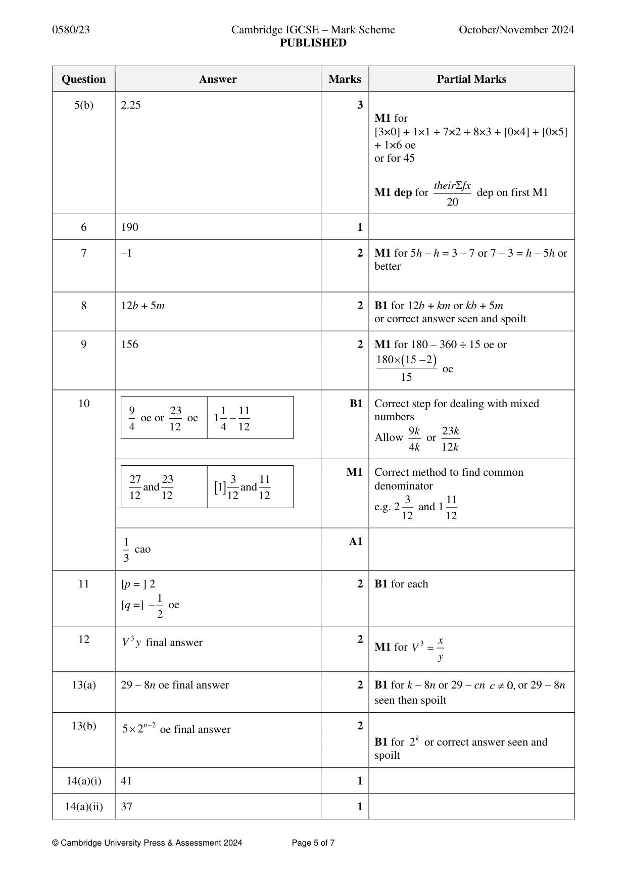 Mark scheme, page 5 of 7