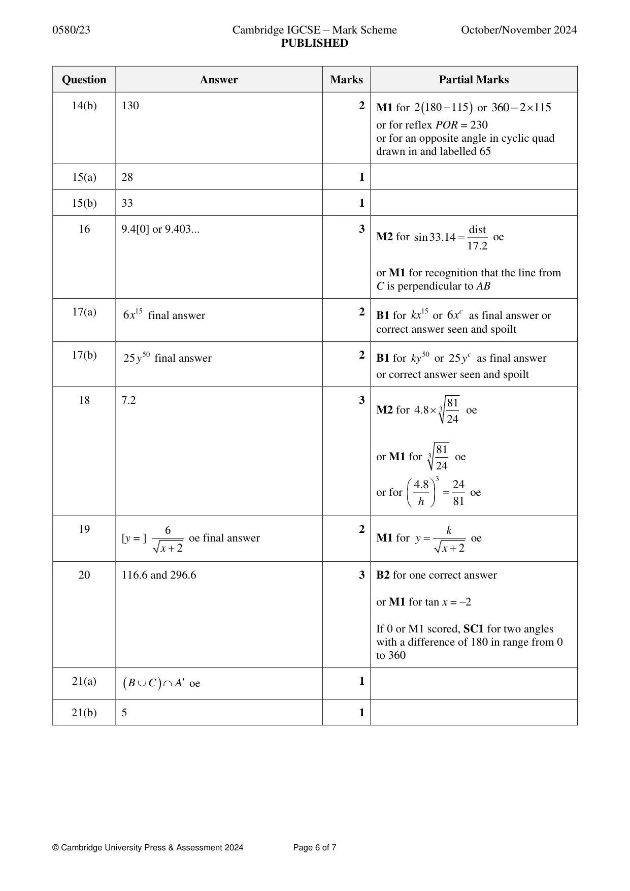 Mark scheme, page 6 of 7
