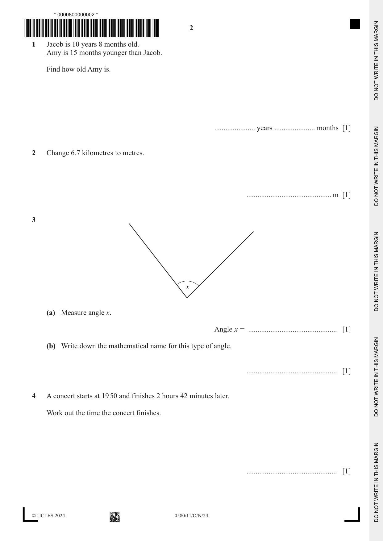 Cambridge IGCSE Mathematics 0580 2024 Oct/Nov Paper 1 · Variant 1 question paper, page 2 of 12
