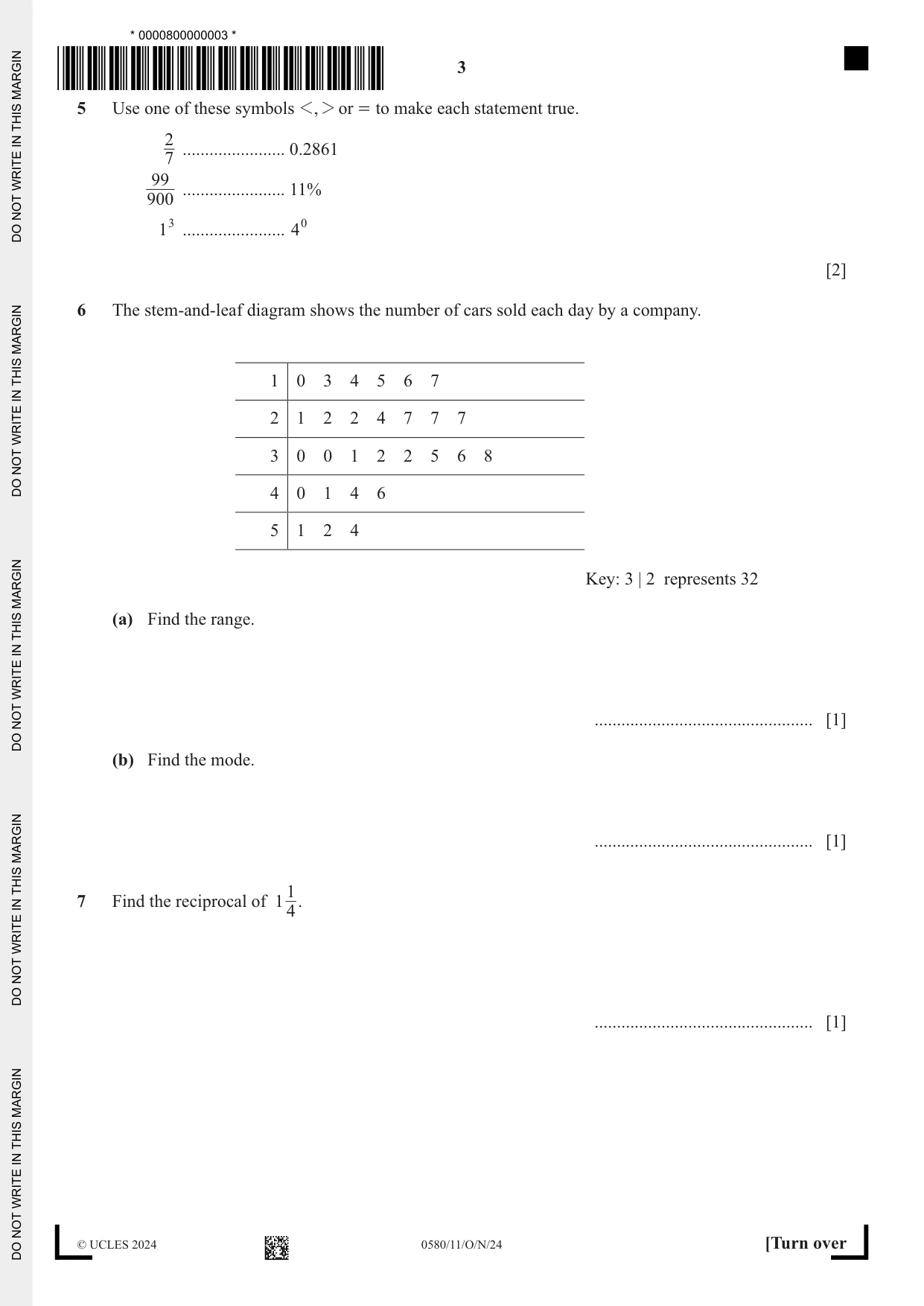 Cambridge IGCSE Mathematics 0580 2024 Oct/Nov Paper 1 · Variant 1 question paper, page 3 of 12