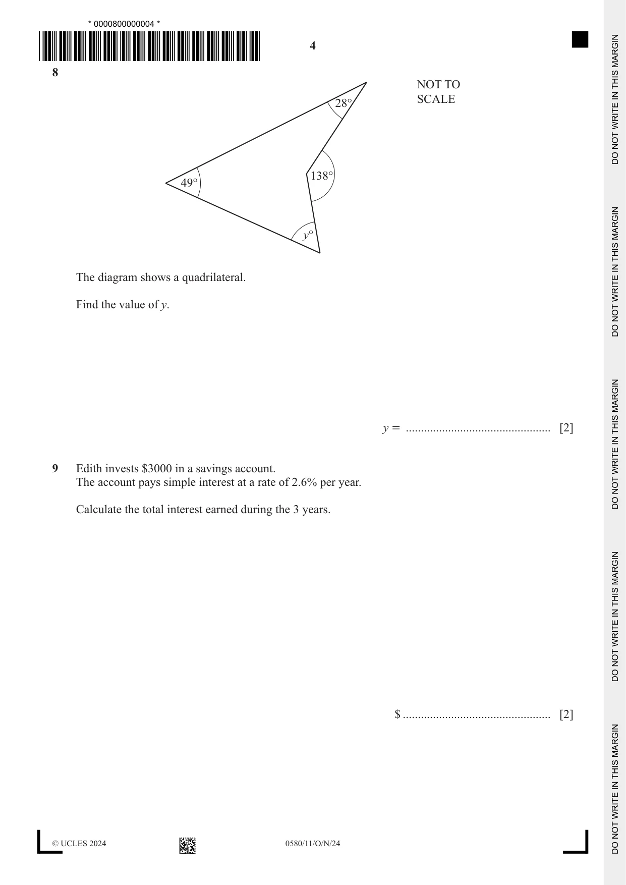 Cambridge IGCSE Mathematics 0580 2024 Oct/Nov Paper 1 · Variant 1 question paper, page 4 of 12