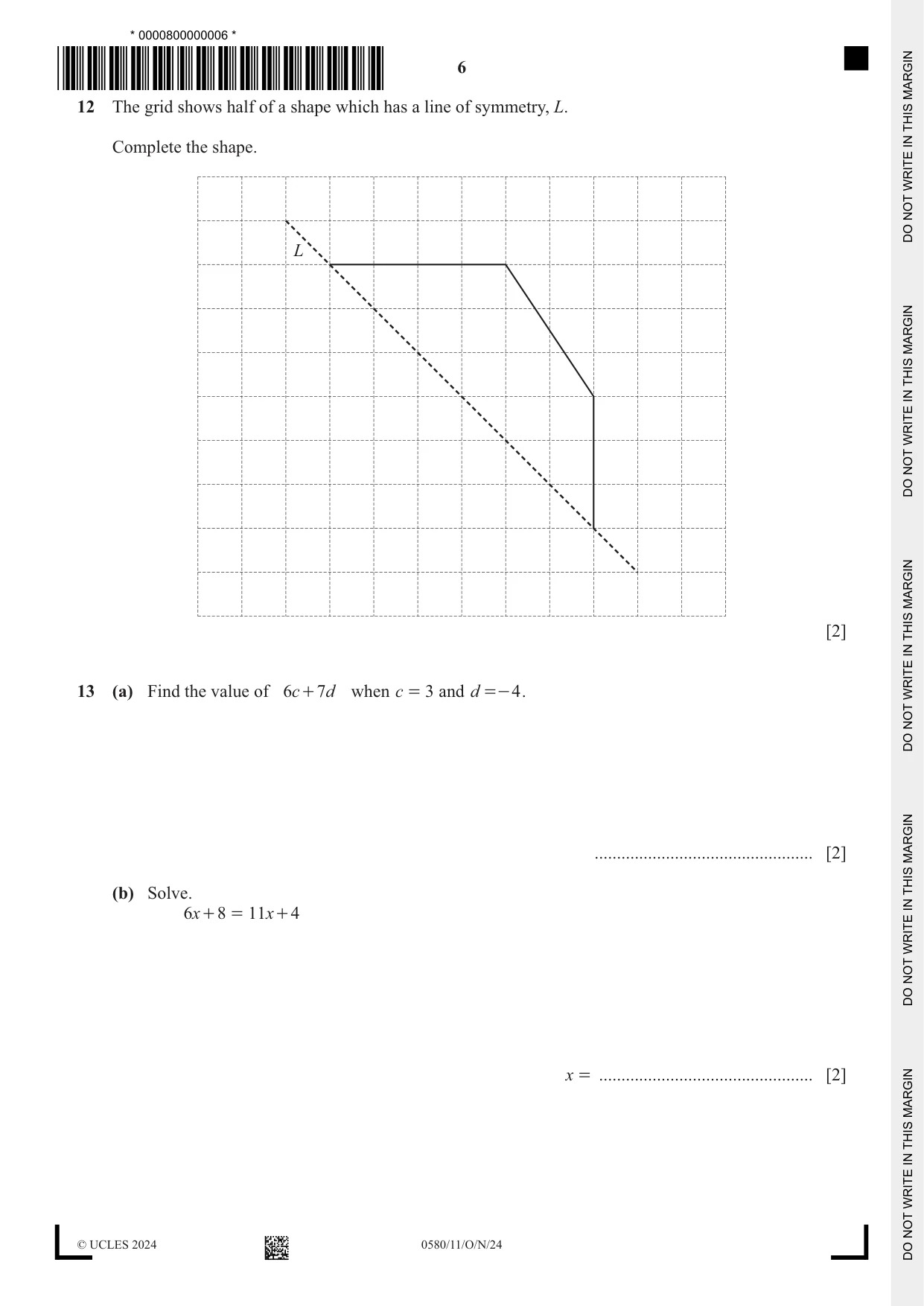 Cambridge IGCSE Mathematics 0580 2024 Oct/Nov Paper 1 · Variant 1 question paper, page 6 of 12
