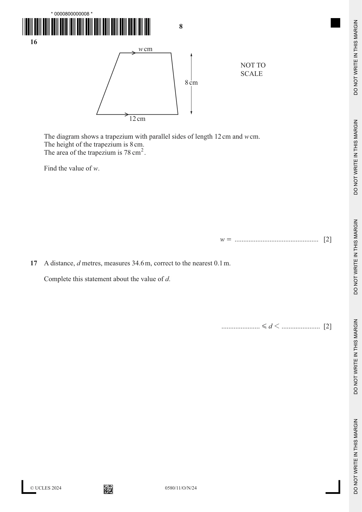 Cambridge IGCSE Mathematics 0580 2024 Oct/Nov Paper 1 · Variant 1 question paper, page 8 of 12