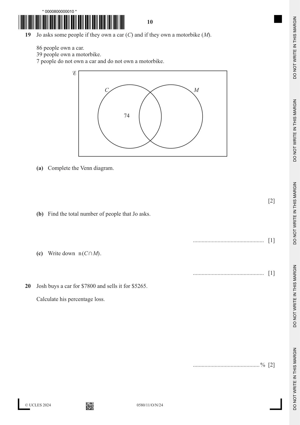 Cambridge IGCSE Mathematics 0580 2024 Oct/Nov Paper 1 · Variant 1 question paper, page 10 of 12