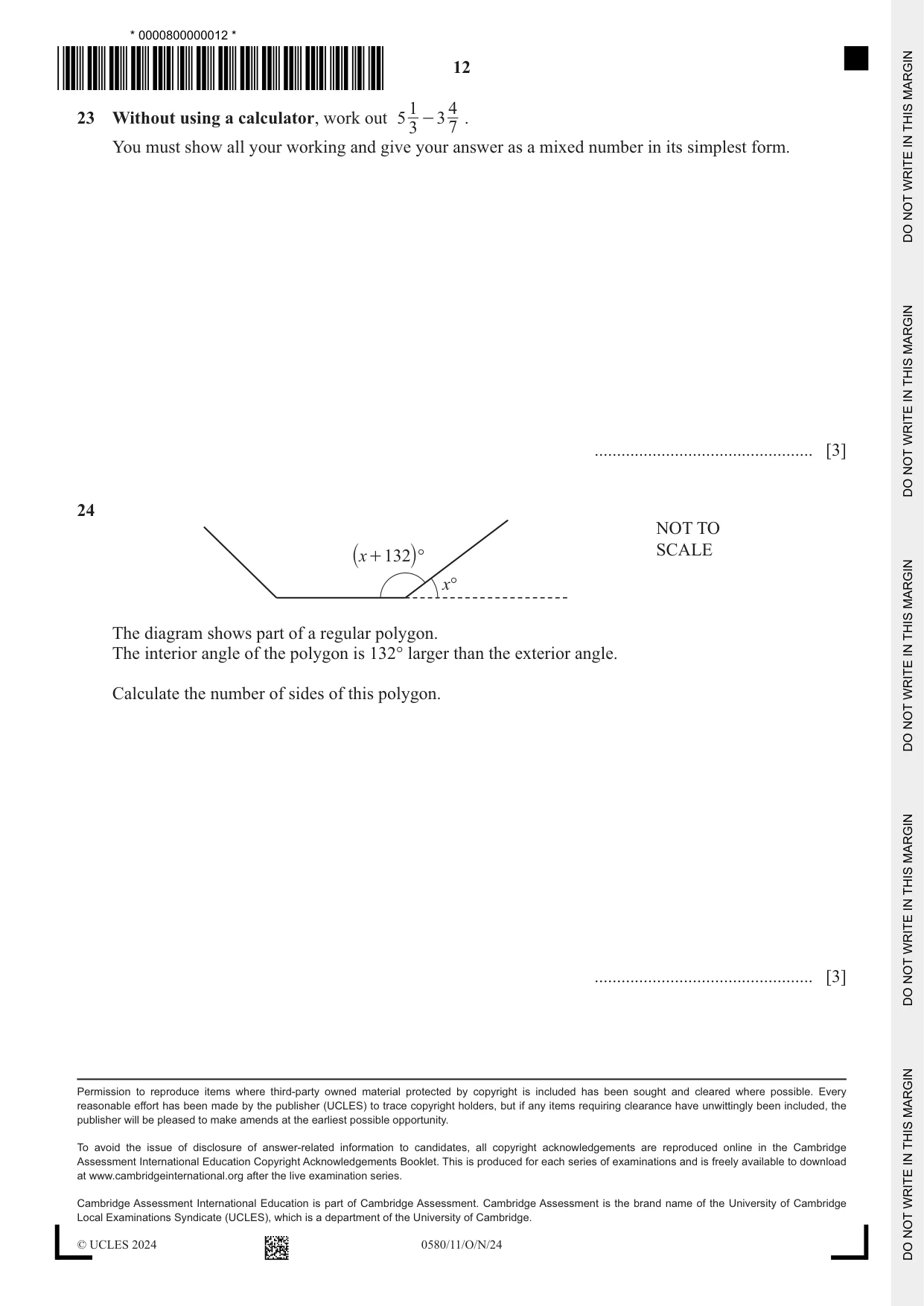Cambridge IGCSE Mathematics 0580 2024 Oct/Nov Paper 1 · Variant 1 question paper, page 12 of 12