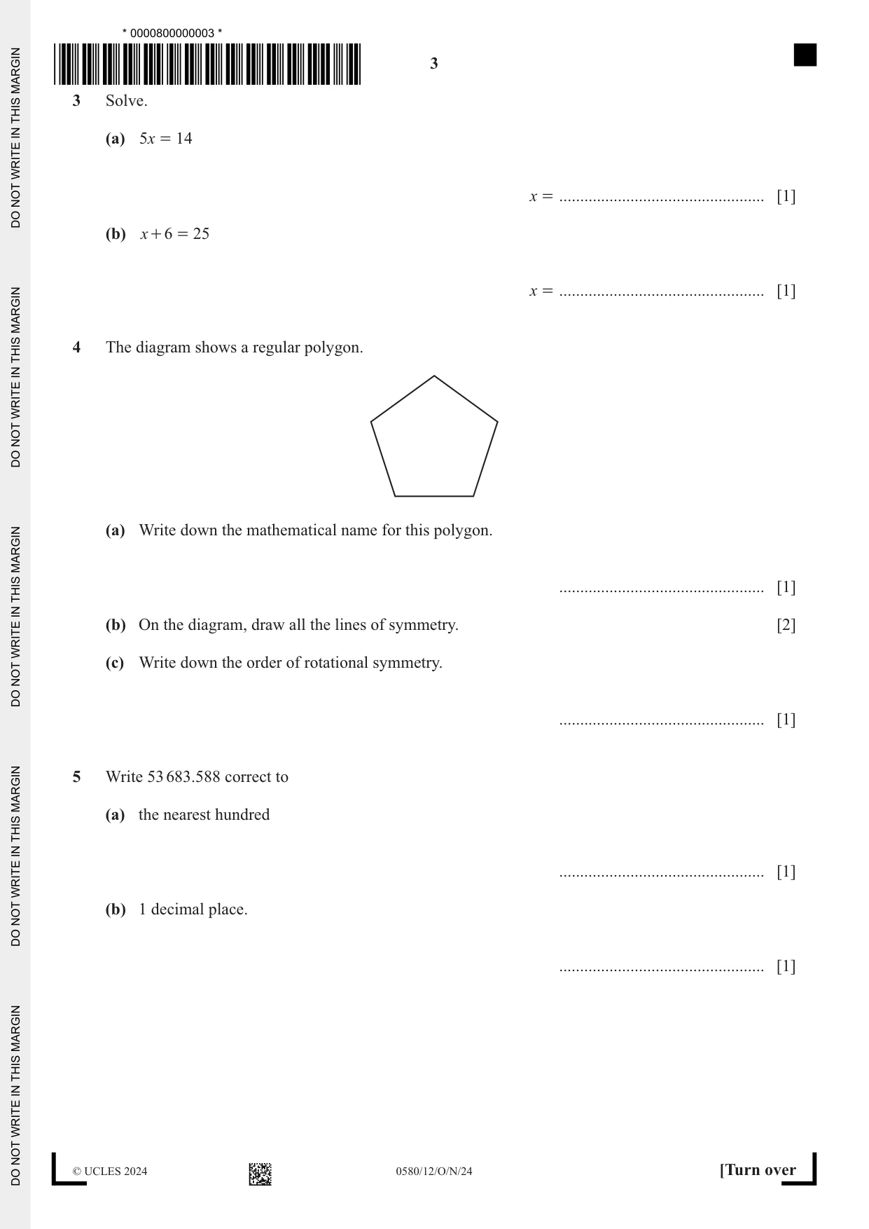 Cambridge IGCSE Mathematics 0580 2024 Oct/Nov Paper 1 · Variant 2 question paper, page 3 of 12