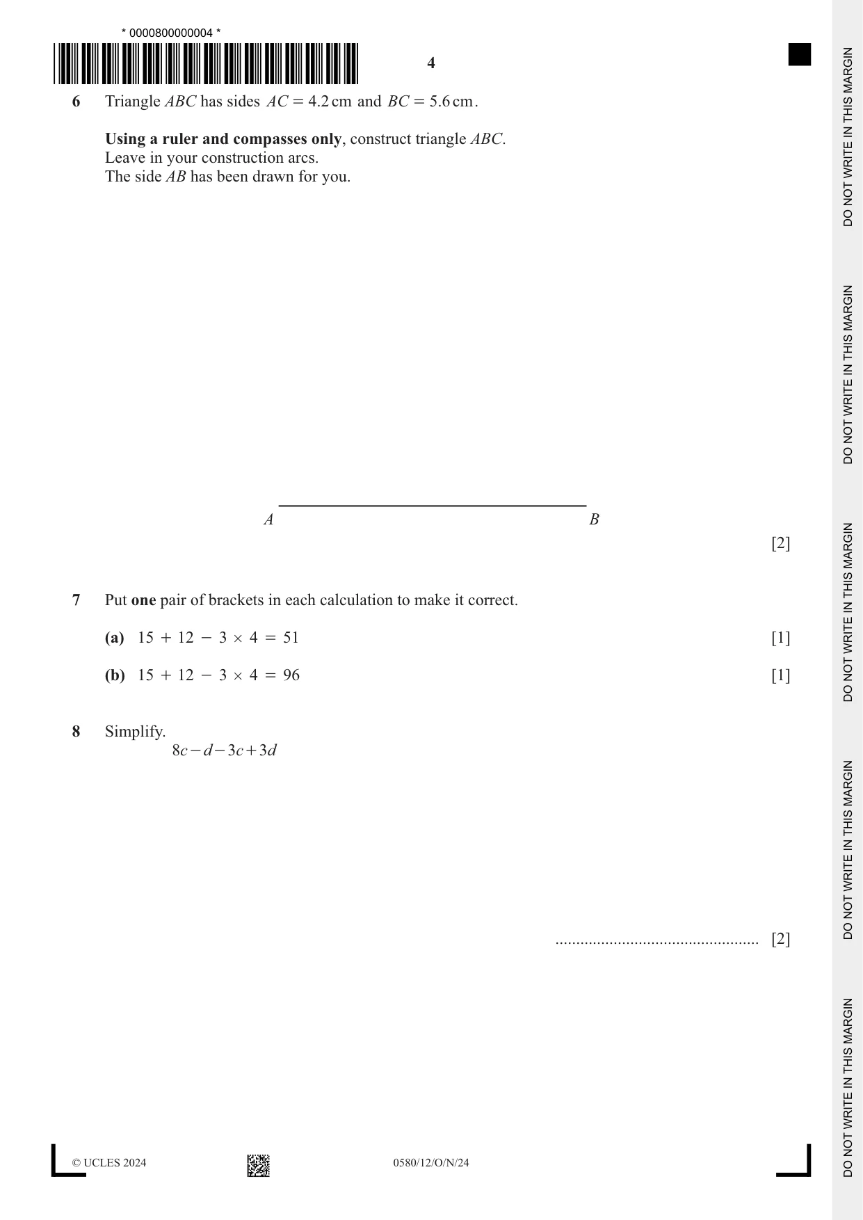 Cambridge IGCSE Mathematics 0580 2024 Oct/Nov Paper 1 · Variant 2 question paper, page 4 of 12