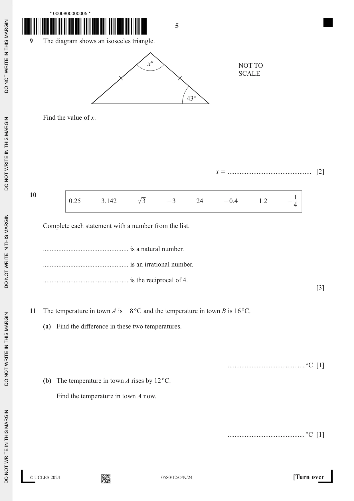 Cambridge IGCSE Mathematics 0580 2024 Oct/Nov Paper 1 · Variant 2 question paper, page 5 of 12
