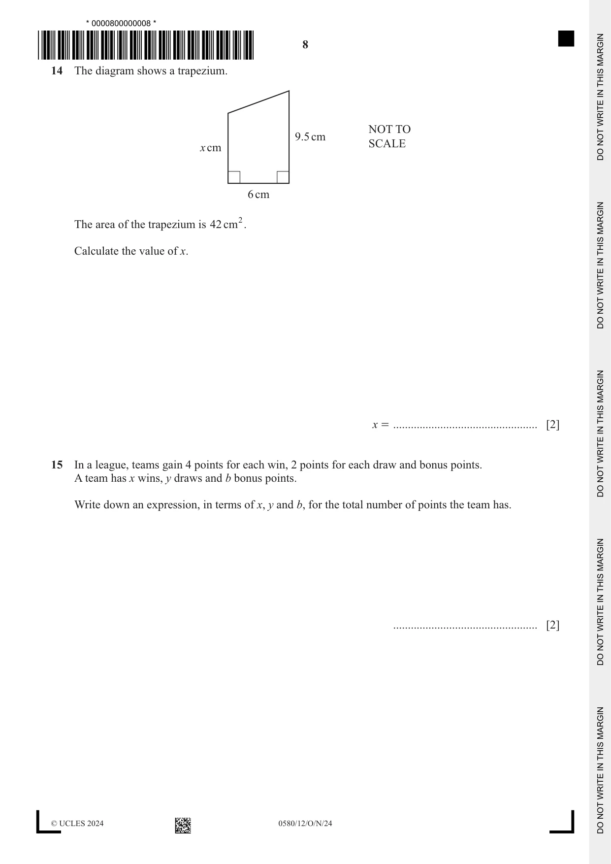 Cambridge IGCSE Mathematics 0580 2024 Oct/Nov Paper 1 · Variant 2 question paper, page 8 of 12
