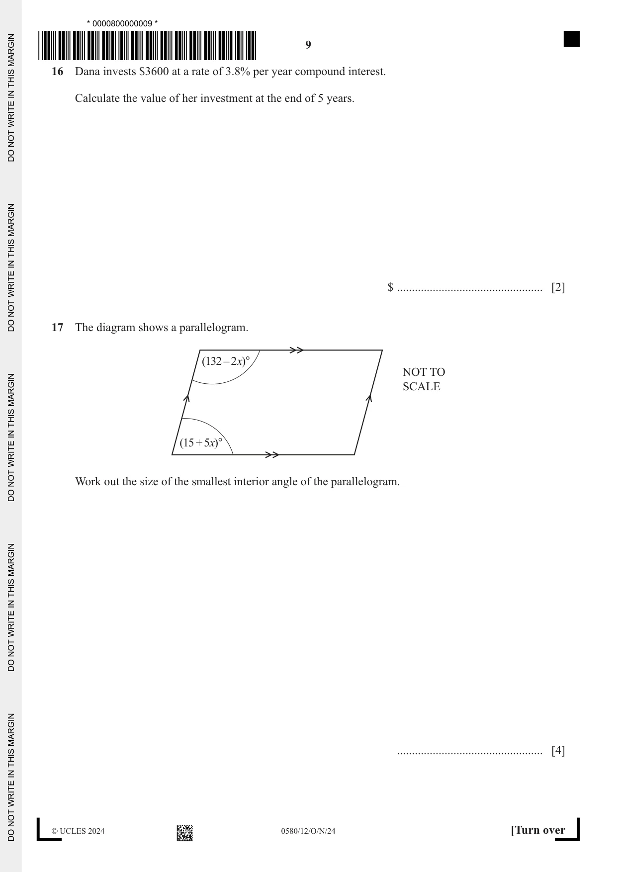 Cambridge IGCSE Mathematics 0580 2024 Oct/Nov Paper 1 · Variant 2 question paper, page 9 of 12