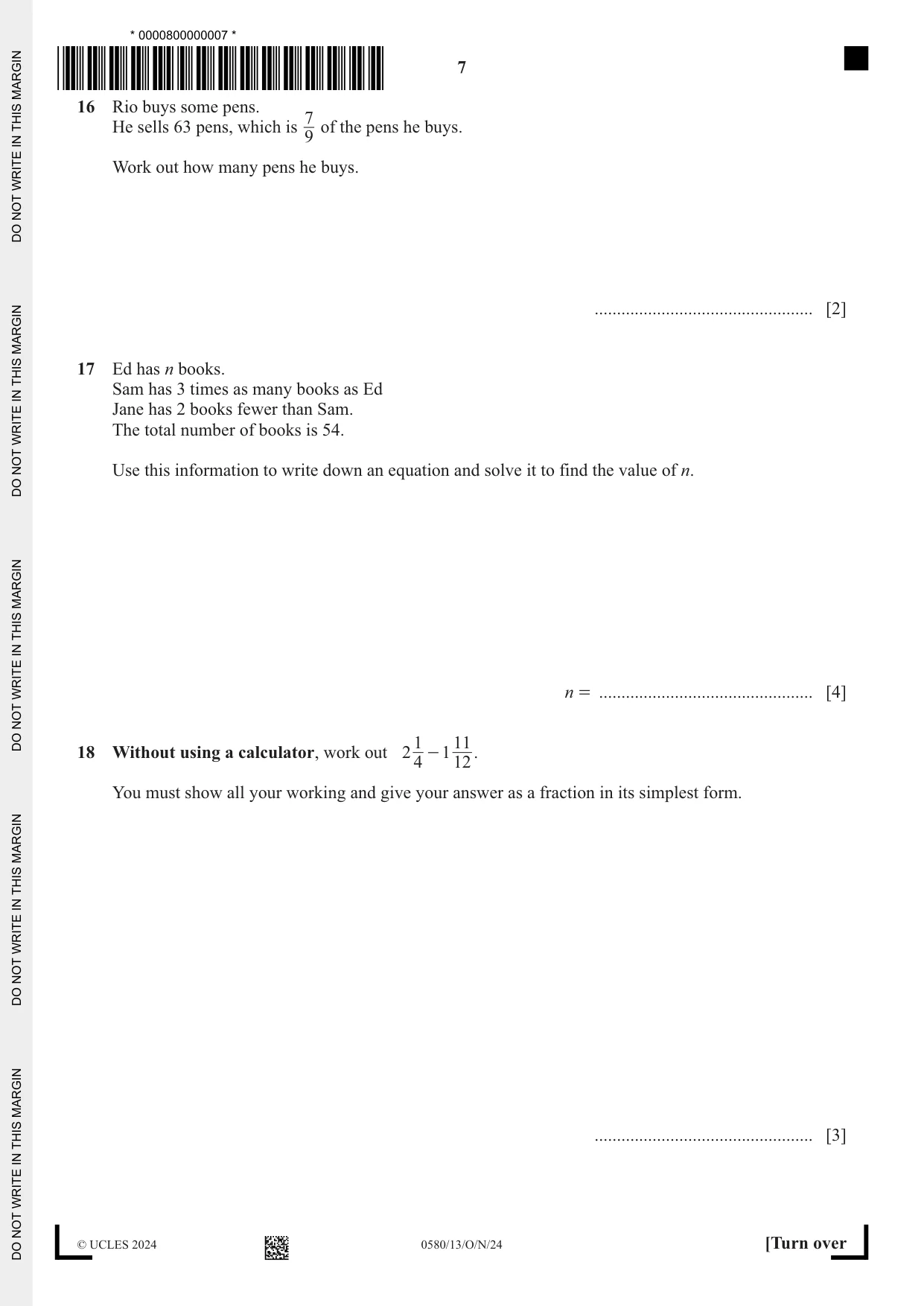 Cambridge IGCSE Mathematics 0580 2024 Oct/Nov Paper 1 · Variant 3 question paper, page 7 of 12