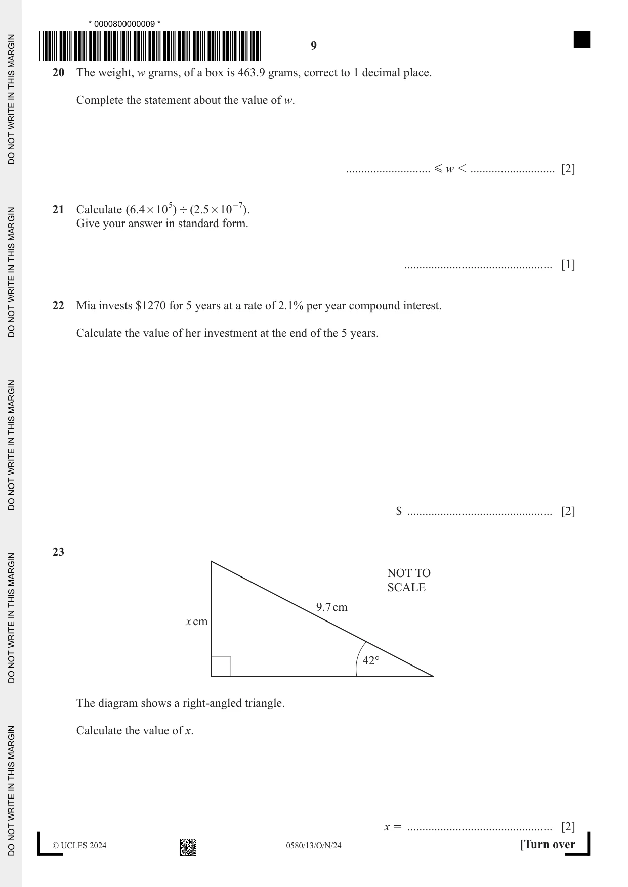 Cambridge IGCSE Mathematics 0580 2024 Oct/Nov Paper 1 · Variant 3 question paper, page 9 of 12
