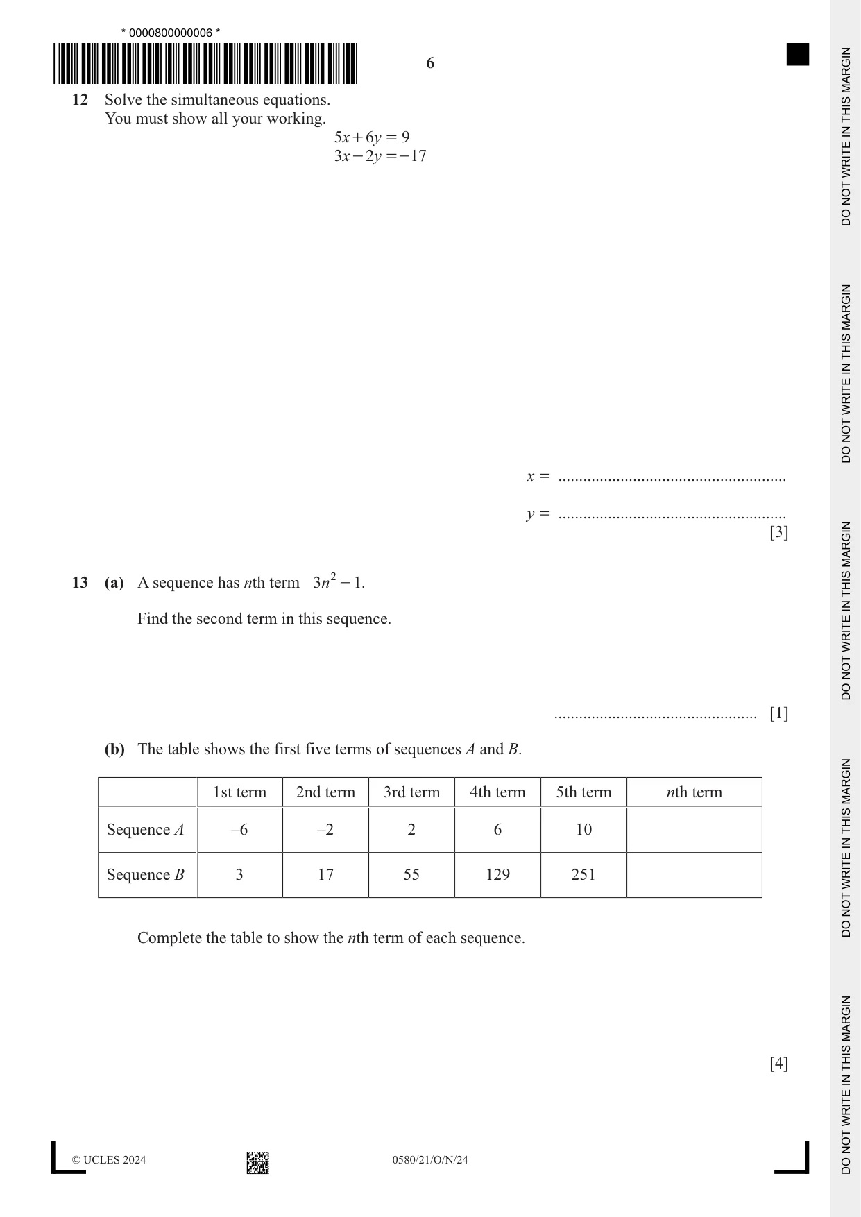 Cambridge IGCSE Mathematics 0580 2024 Oct/Nov Paper 2 · Variant 1 question paper, page 6 of 12