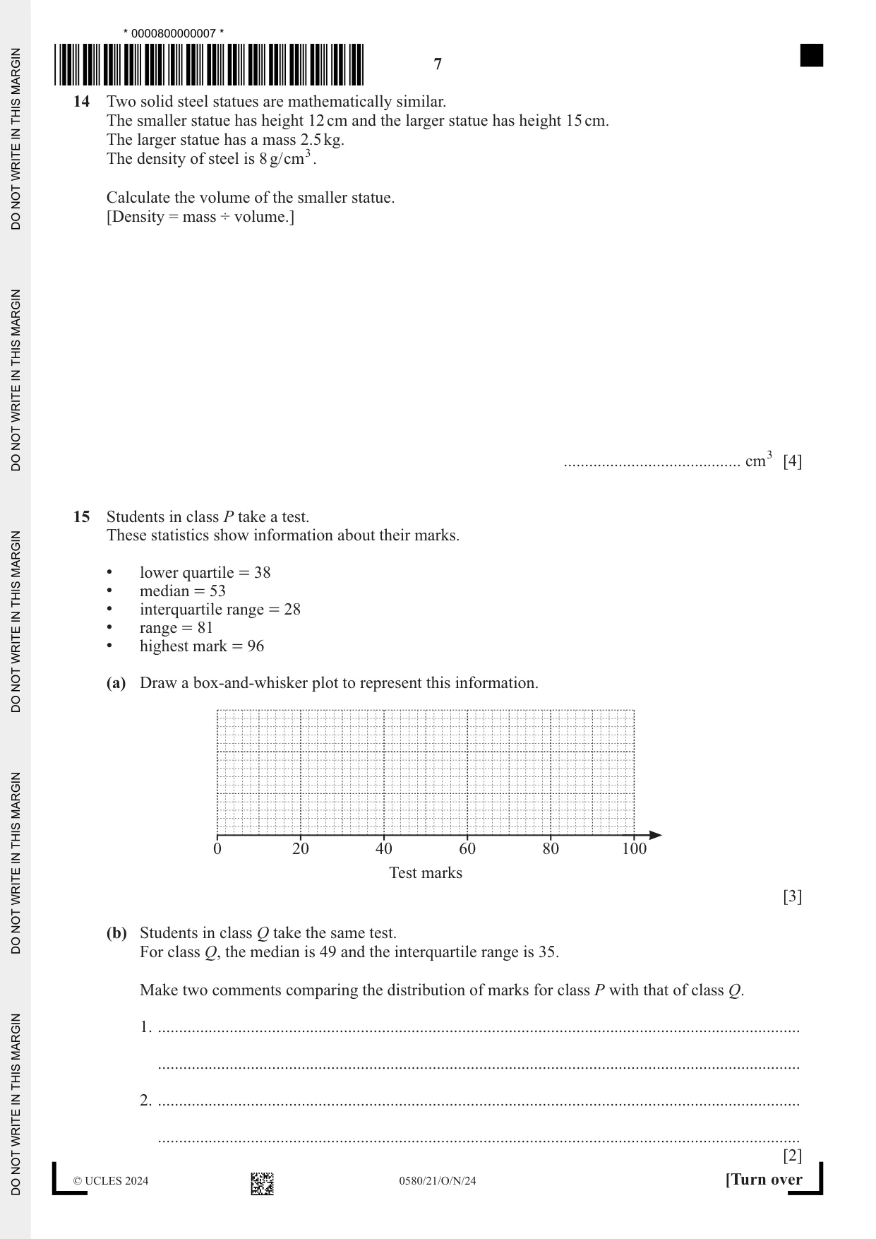 Cambridge IGCSE Mathematics 0580 2024 Oct/Nov Paper 2 · Variant 1 question paper, page 7 of 12