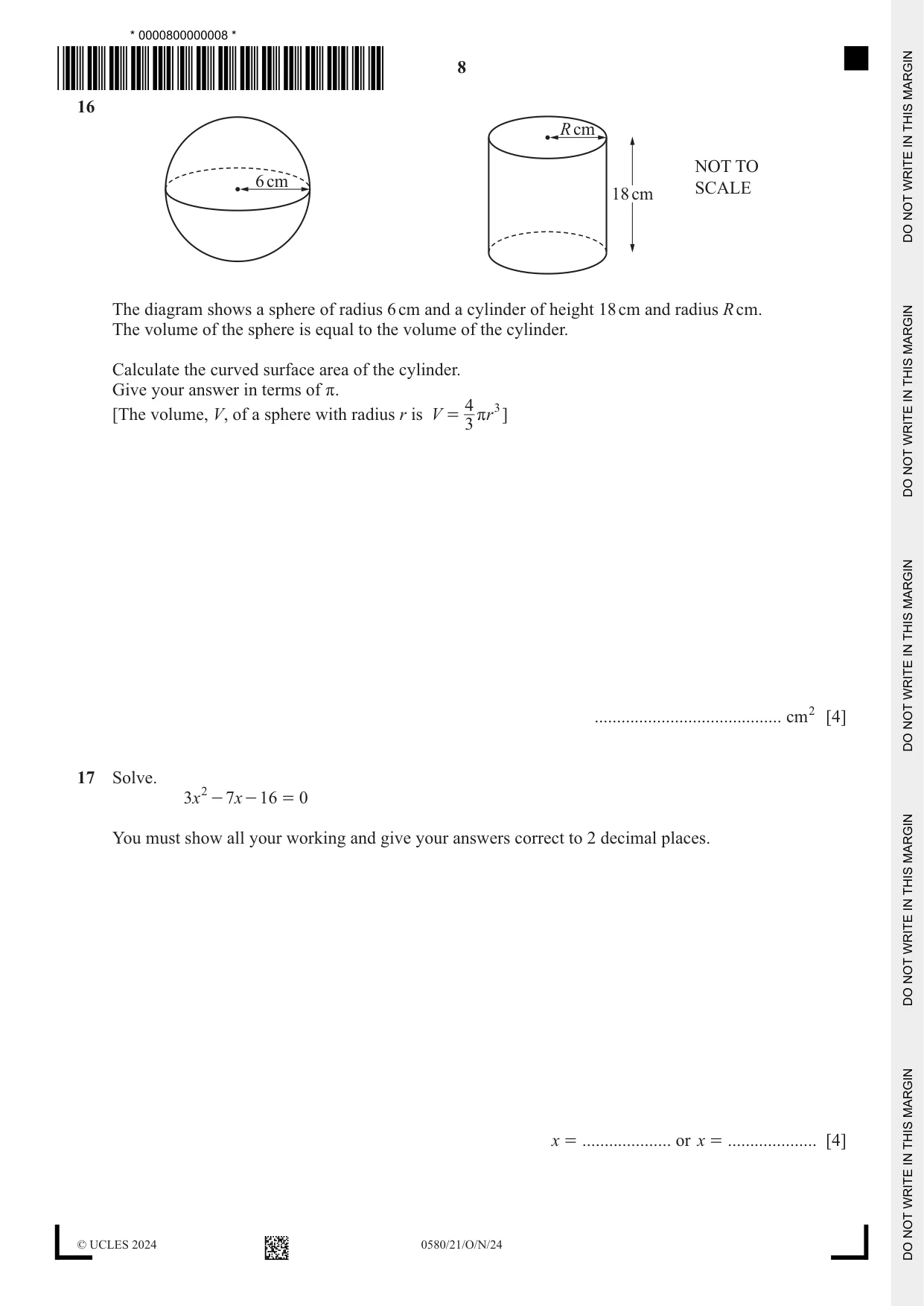 Cambridge IGCSE Mathematics 0580 2024 Oct/Nov Paper 2 · Variant 1 question paper, page 8 of 12
