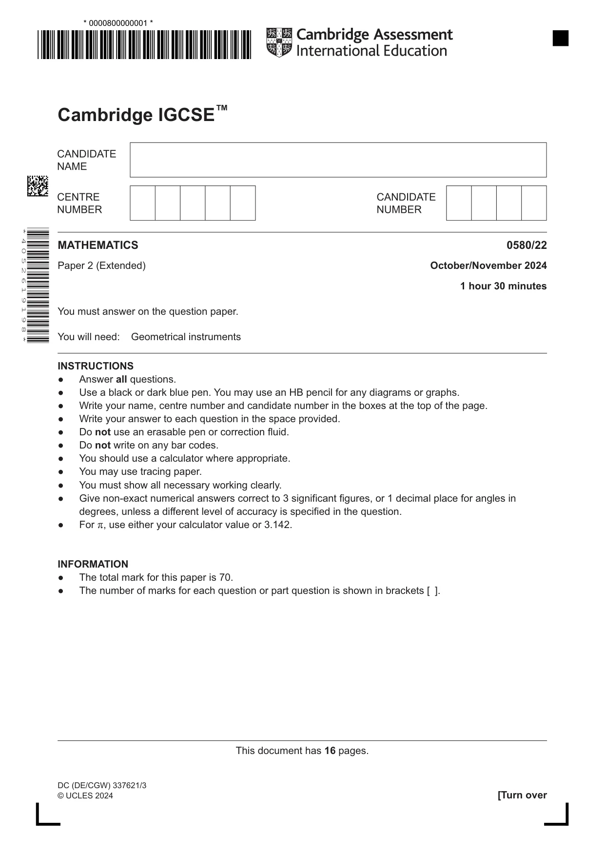 Cambridge IGCSE Mathematics 0580 2024 Oct/Nov Paper 2 · Variant 2 question paper, page 1 of 16