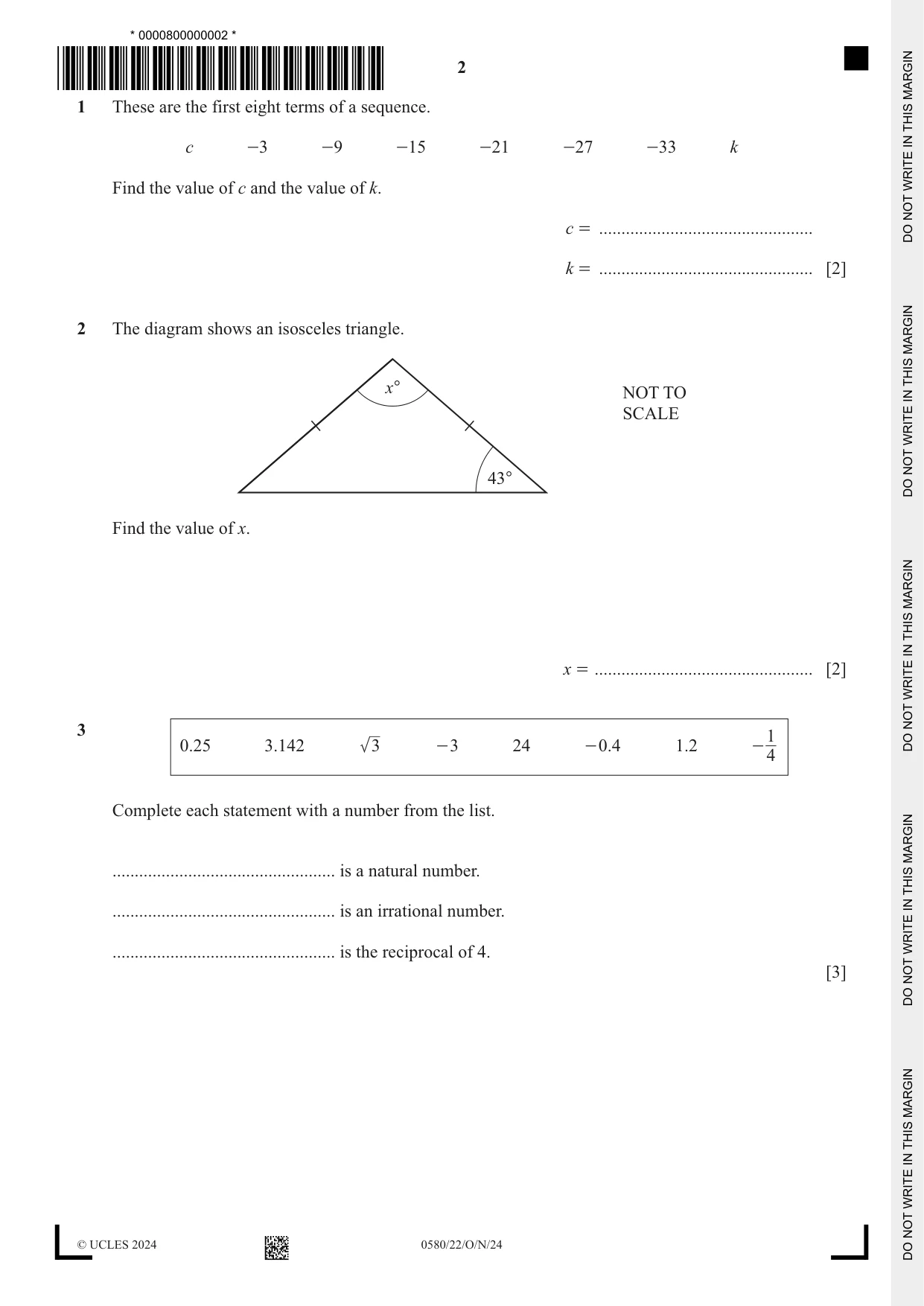 Cambridge IGCSE Mathematics 0580 2024 Oct/Nov Paper 2 · Variant 2 question paper, page 2 of 16