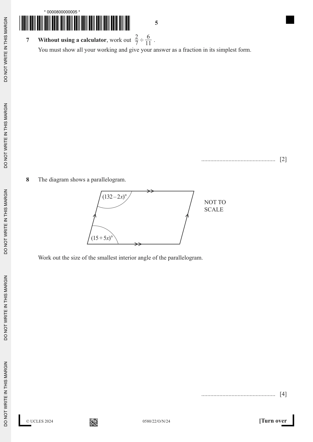 Cambridge IGCSE Mathematics 0580 2024 Oct/Nov Paper 2 · Variant 2 question paper, page 5 of 16