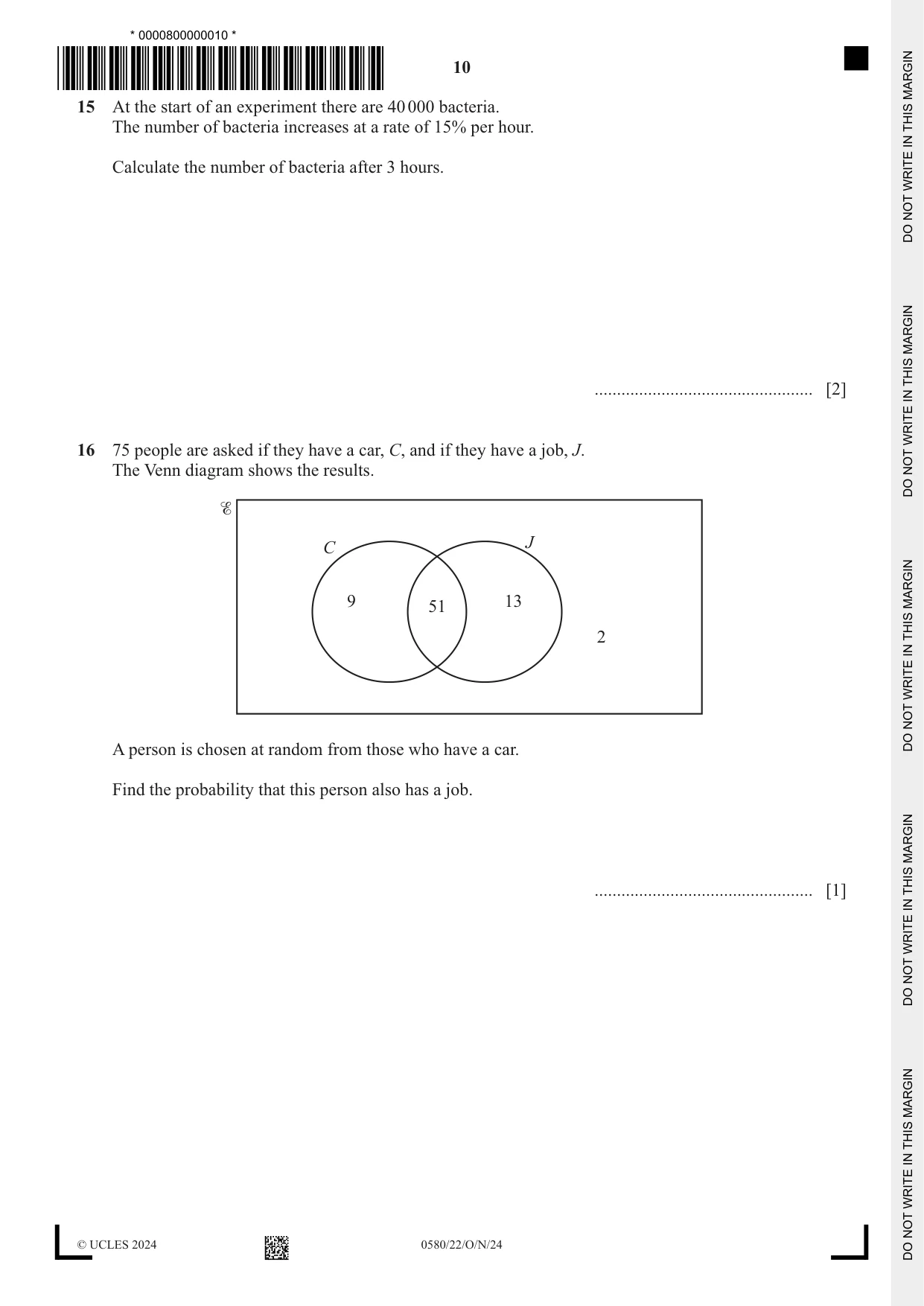 Cambridge IGCSE Mathematics 0580 2024 Oct/Nov Paper 2 · Variant 2 question paper, page 10 of 16