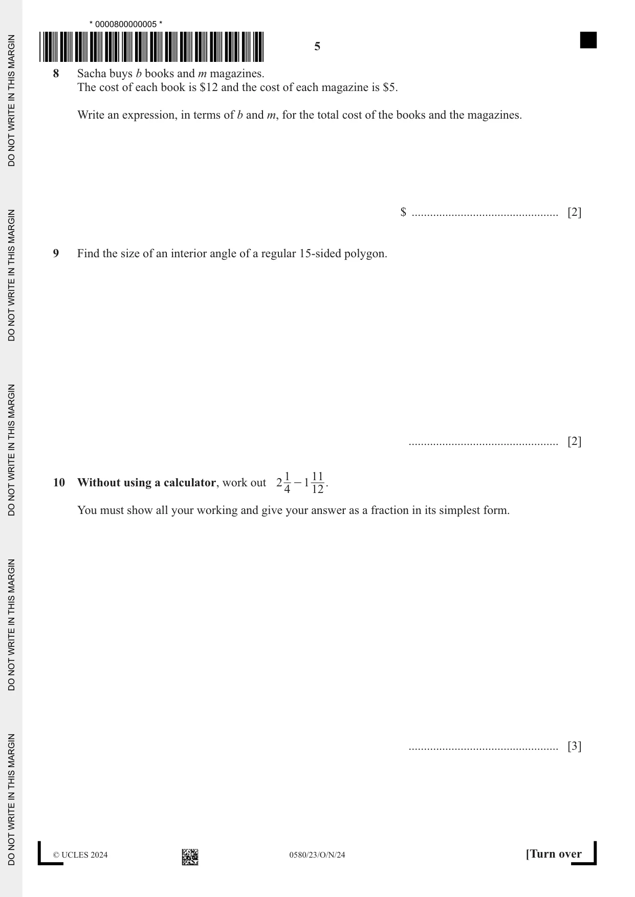 Cambridge IGCSE Mathematics 0580 2024 Oct/Nov Paper 2 · Variant 3 question paper, page 5 of 12