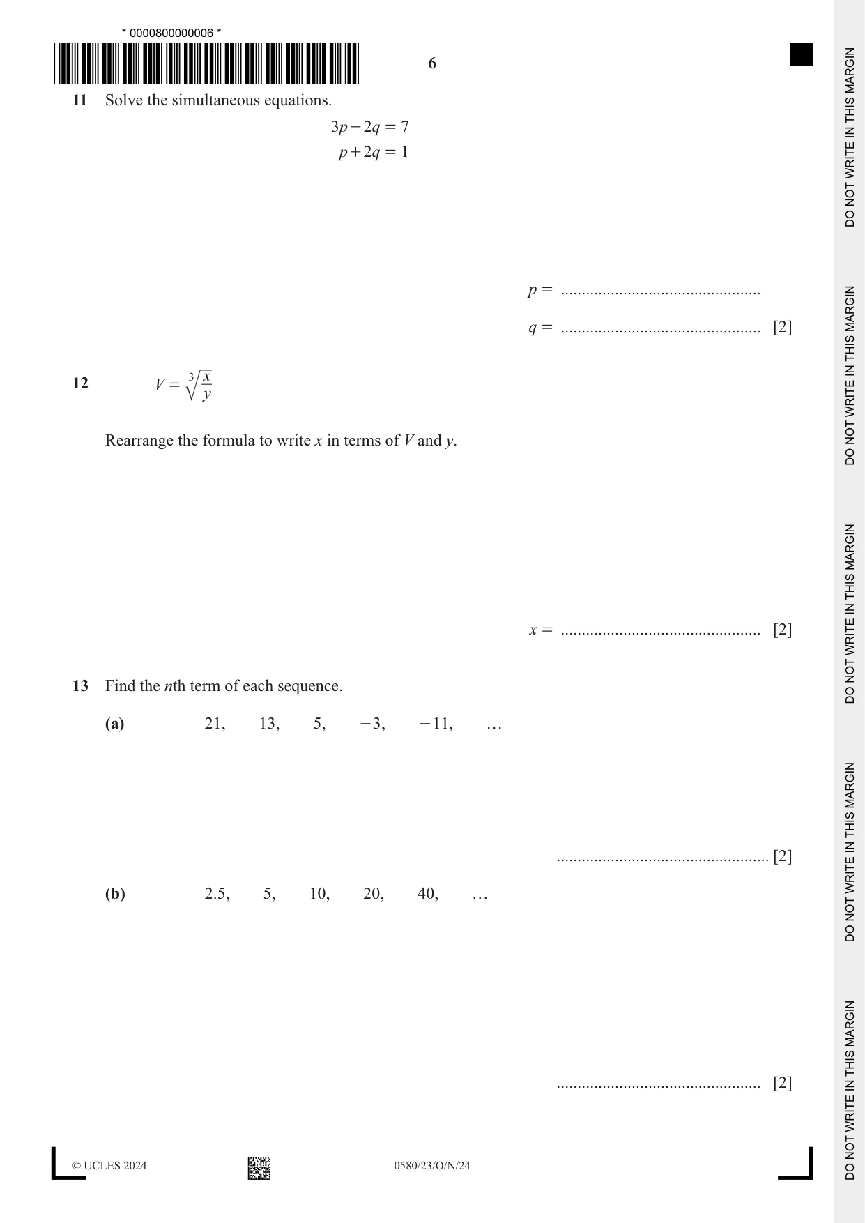 Cambridge IGCSE Mathematics 0580 2024 Oct/Nov Paper 2 · Variant 3 question paper, page 6 of 12