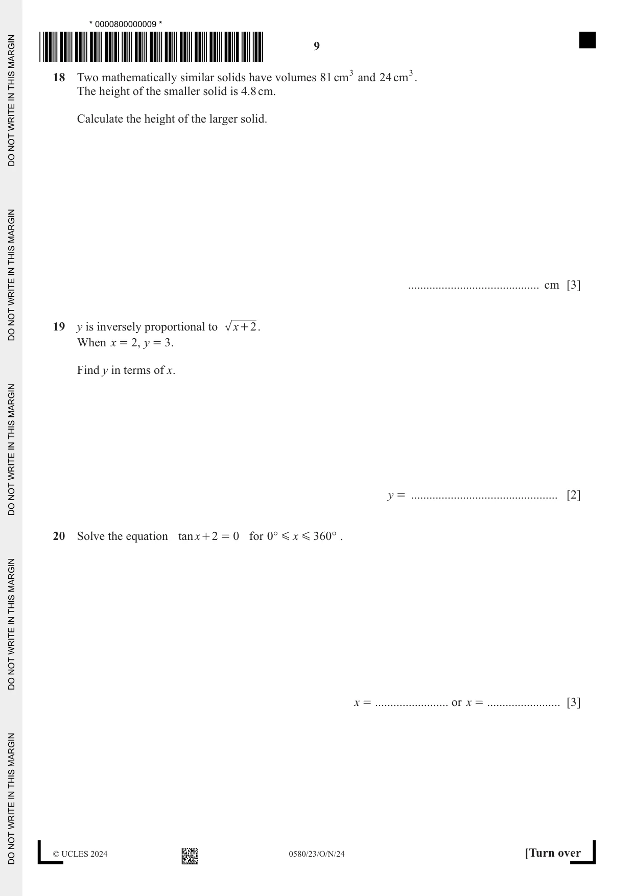 Cambridge IGCSE Mathematics 0580 2024 Oct/Nov Paper 2 · Variant 3 question paper, page 9 of 12
