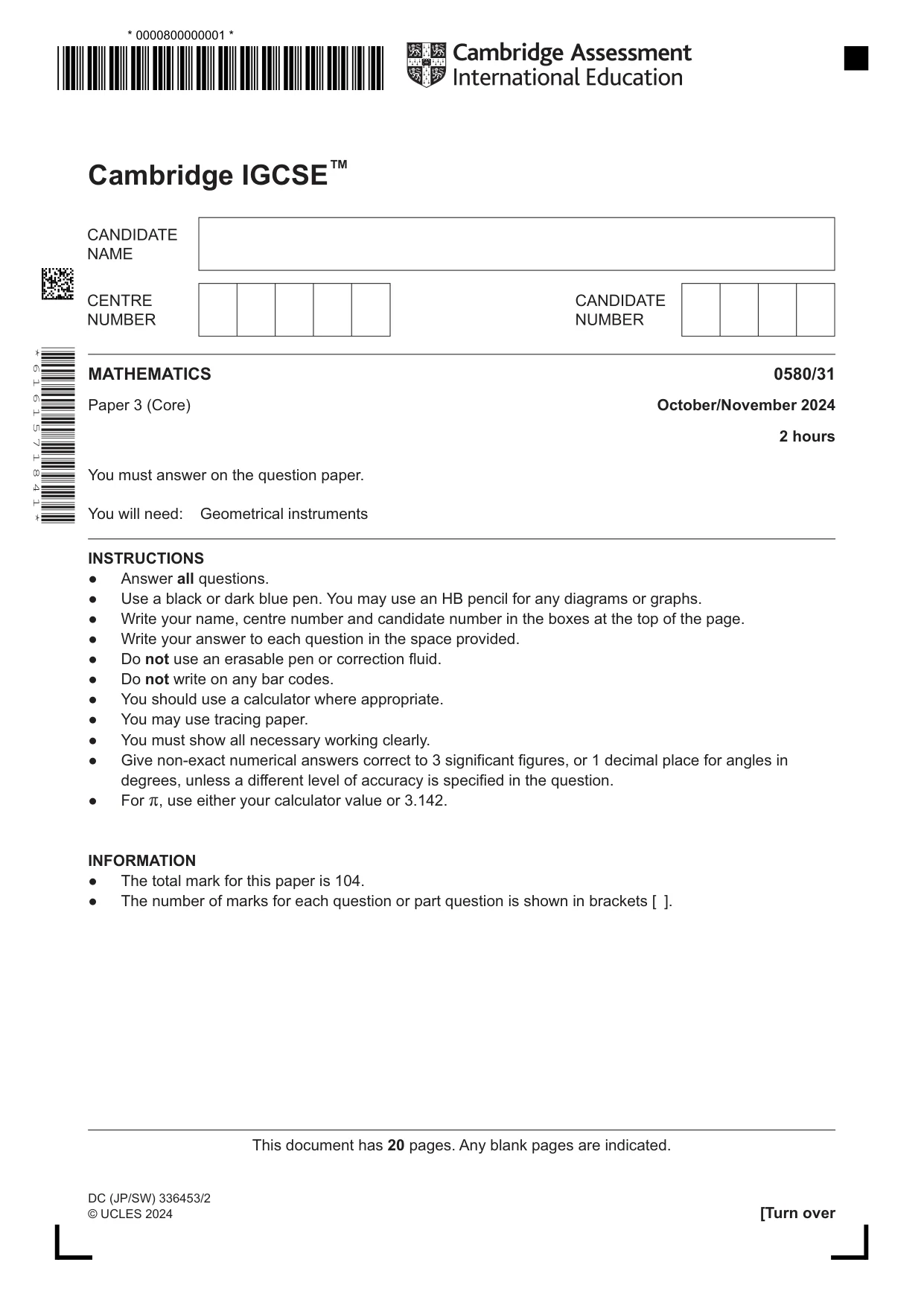 Cambridge IGCSE Mathematics 0580 2024 Oct/Nov Paper 3 · Variant 1 question paper, page 1 of 20