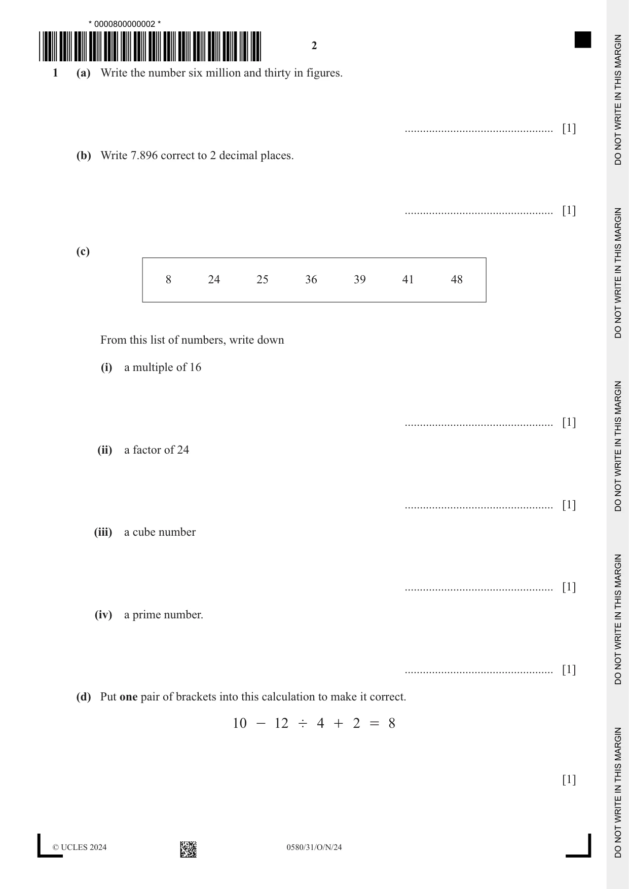 Cambridge IGCSE Mathematics 0580 2024 Oct/Nov Paper 3 · Variant 1 question paper, page 2 of 20