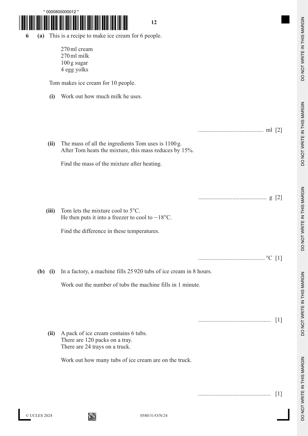 Cambridge IGCSE Mathematics 0580 2024 Oct/Nov Paper 3 · Variant 1 question paper, page 12 of 20