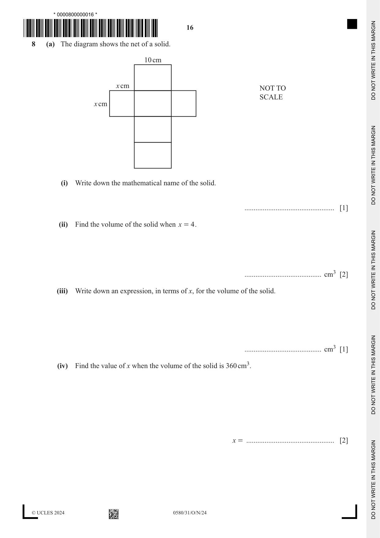 Cambridge IGCSE Mathematics 0580 2024 Oct/Nov Paper 3 · Variant 1 question paper, page 16 of 20