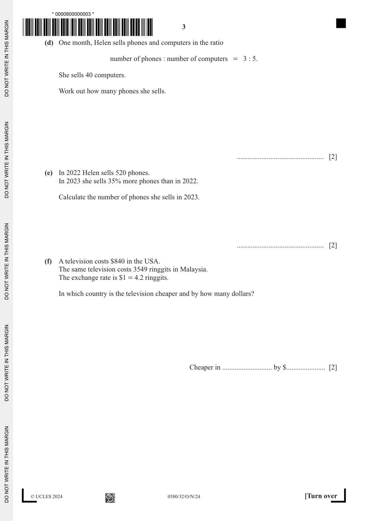 Cambridge IGCSE Mathematics 0580 2024 Oct/Nov Paper 3 · Variant 2 question paper, page 3 of 20