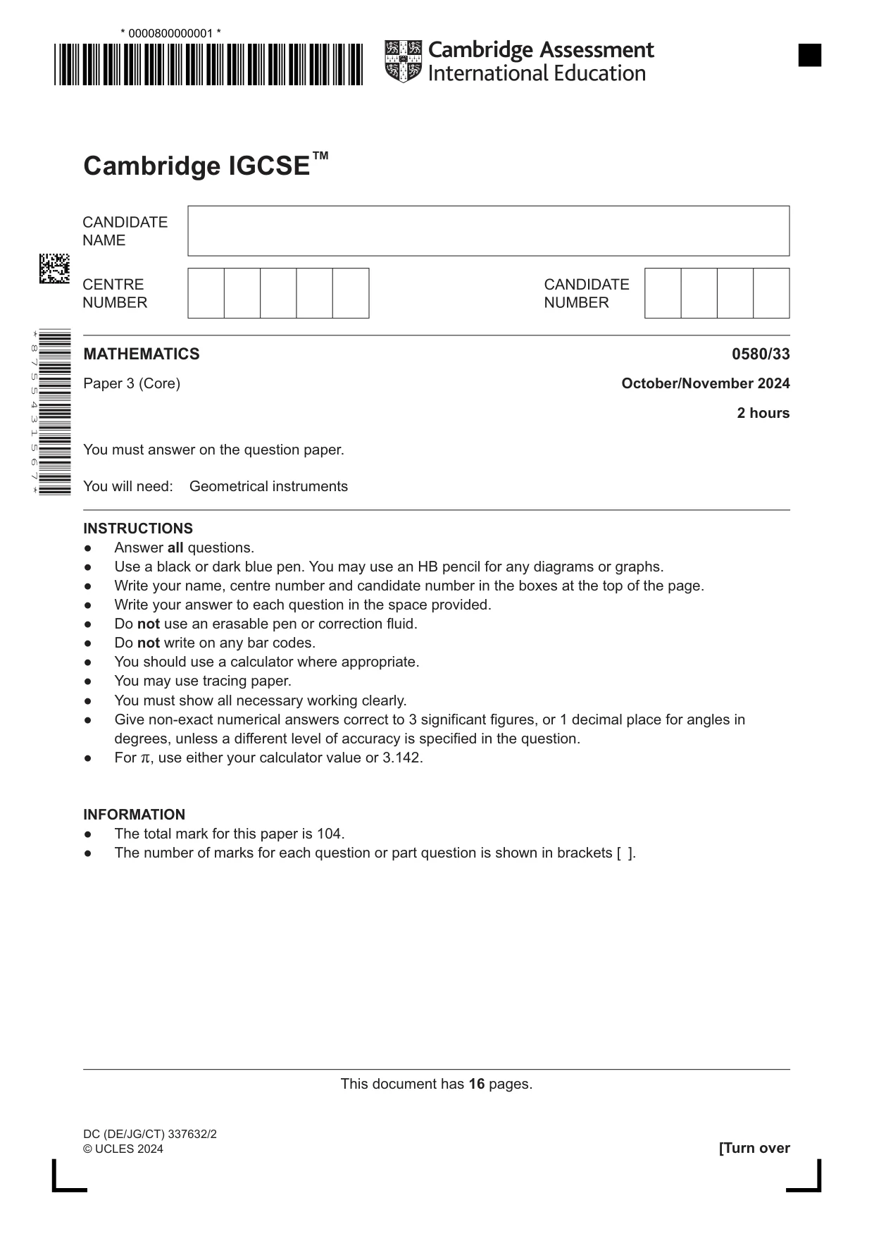 Cambridge IGCSE Mathematics 0580 2024 Oct/Nov Paper 3 · Variant 3 question paper, page 1 of 16