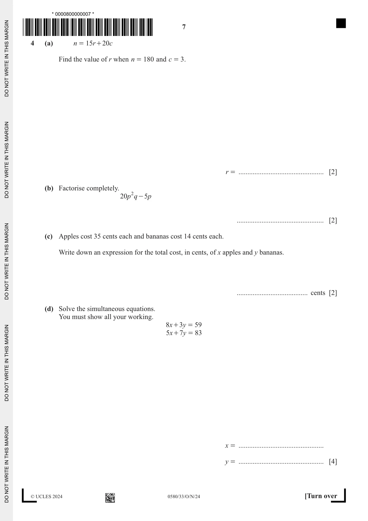 Cambridge IGCSE Mathematics 0580 2024 Oct/Nov Paper 3 · Variant 3 question paper, page 7 of 16