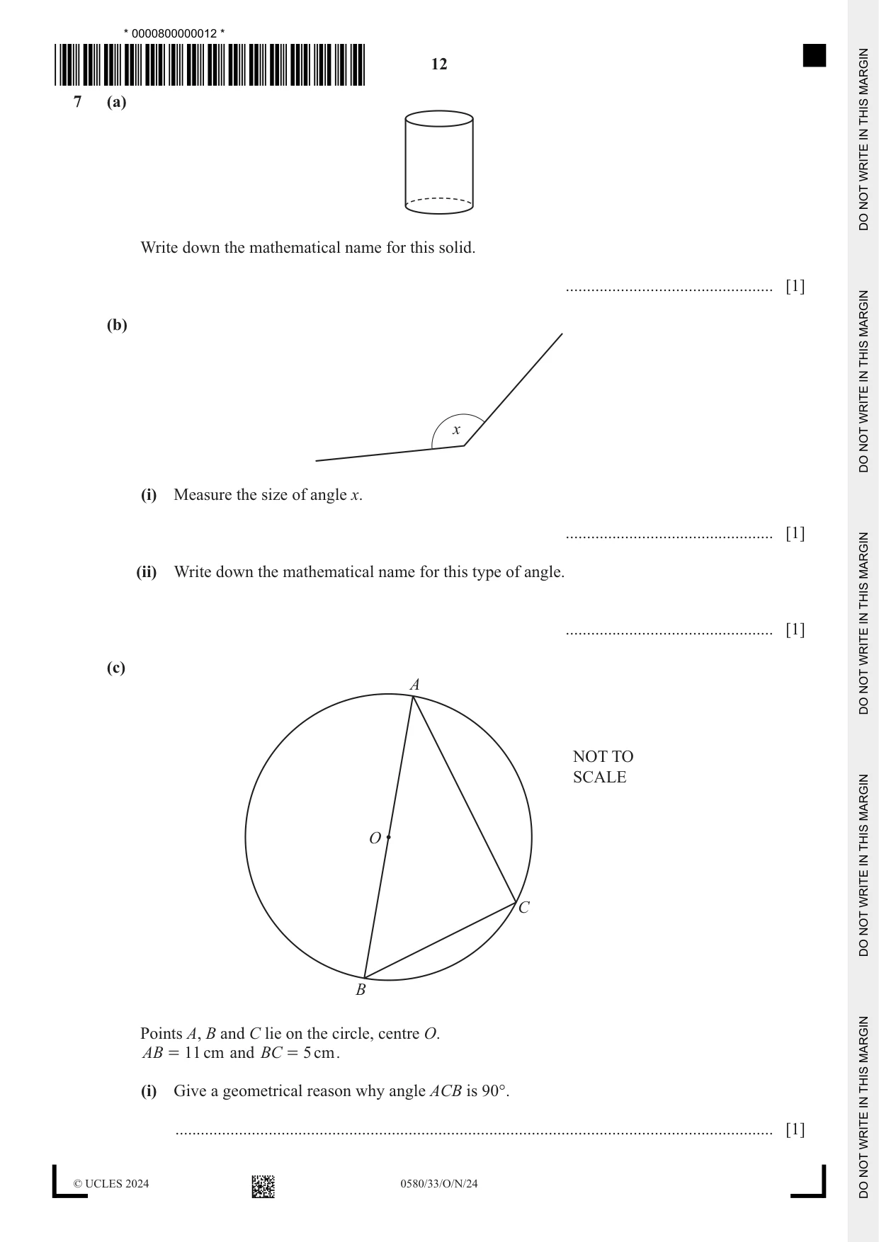 Cambridge IGCSE Mathematics 0580 2024 Oct/Nov Paper 3 · Variant 3 question paper, page 12 of 16
