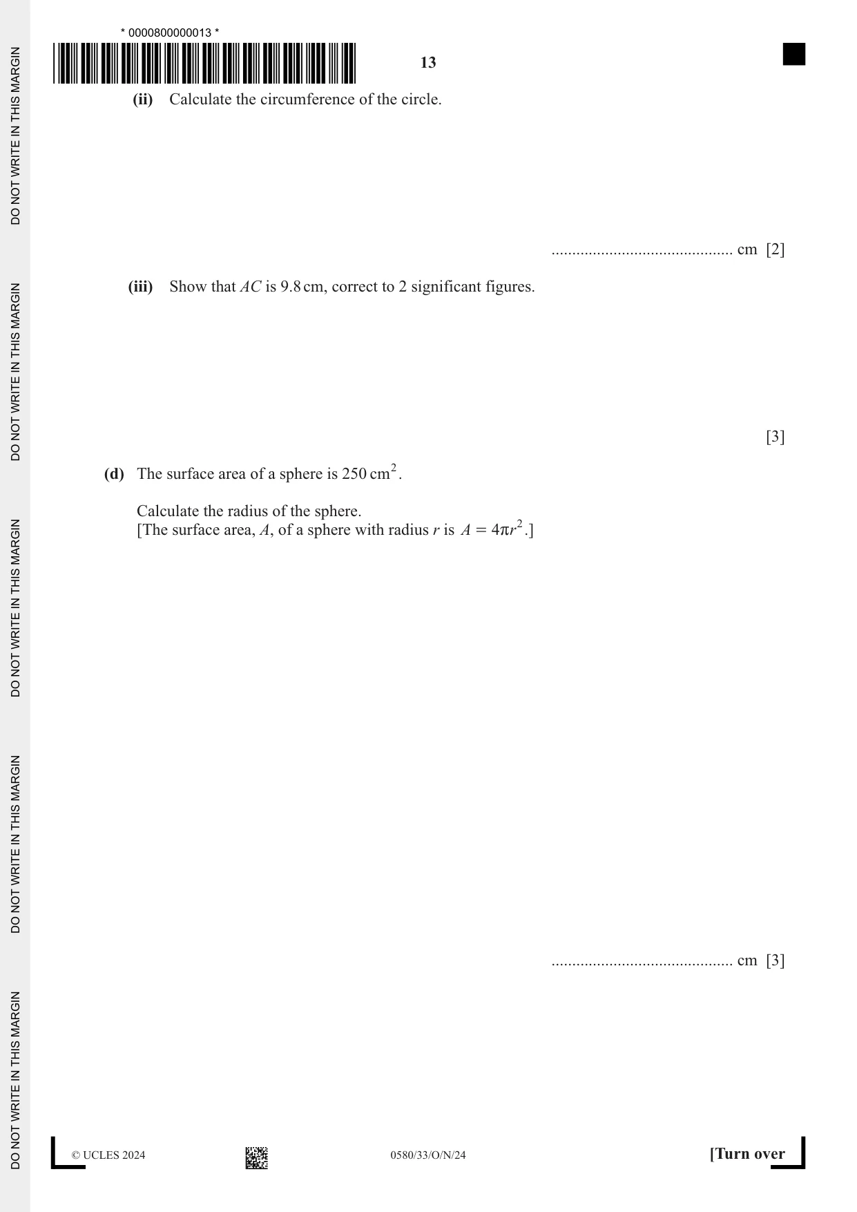 Cambridge IGCSE Mathematics 0580 2024 Oct/Nov Paper 3 · Variant 3 question paper, page 13 of 16