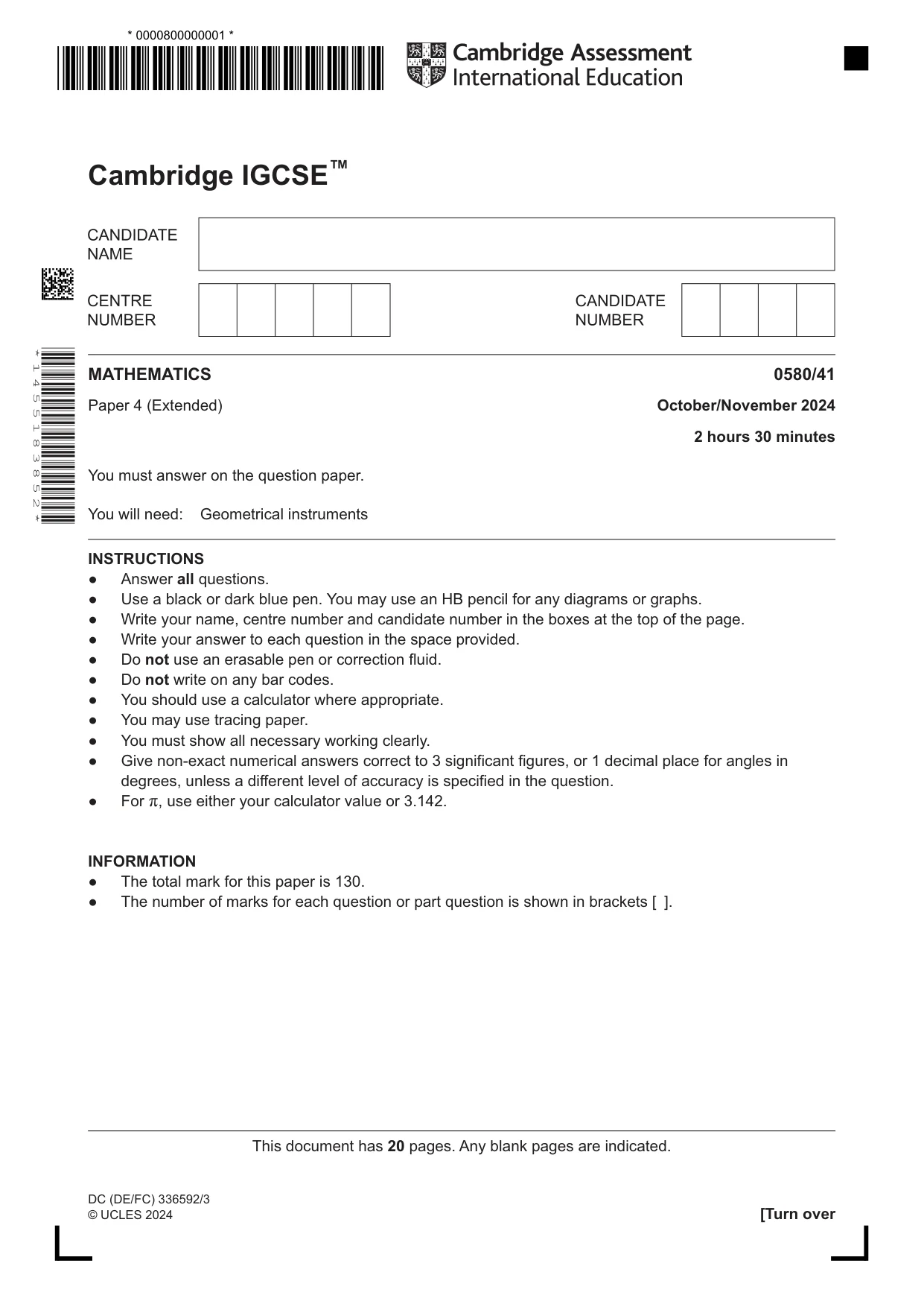Cambridge IGCSE Mathematics 0580 2024 Oct/Nov Paper 4 · Variant 1 question paper, page 1 of 20