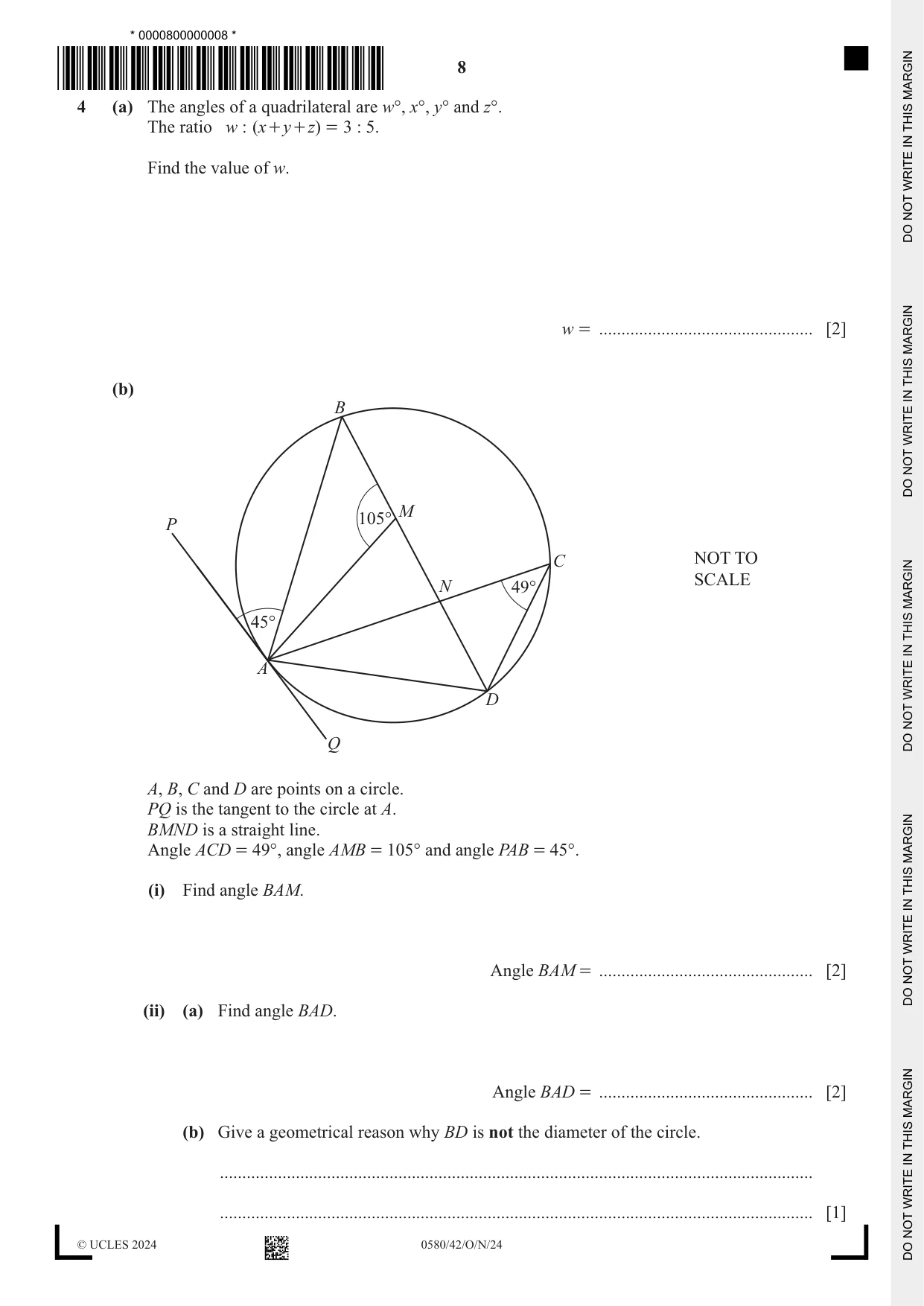 Cambridge IGCSE Mathematics 0580 2024 Oct/Nov Paper 4 · Variant 2 question paper, page 8 of 20