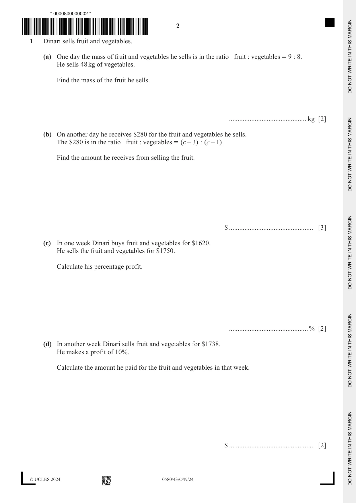 Cambridge IGCSE Mathematics 0580 2024 Oct/Nov Paper 4 · Variant 3 question paper, page 2 of 20