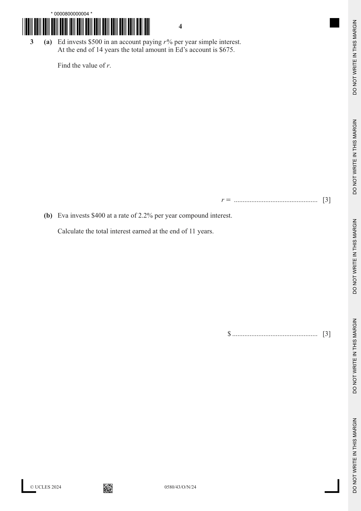 Cambridge IGCSE Mathematics 0580 2024 Oct/Nov Paper 4 · Variant 3 question paper, page 4 of 20
