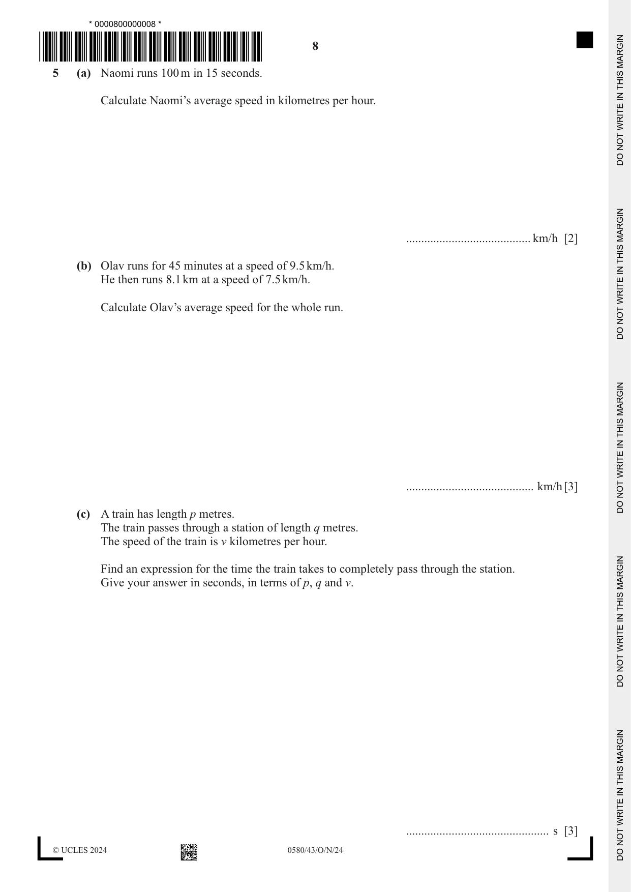 Cambridge IGCSE Mathematics 0580 2024 Oct/Nov Paper 4 · Variant 3 question paper, page 8 of 20