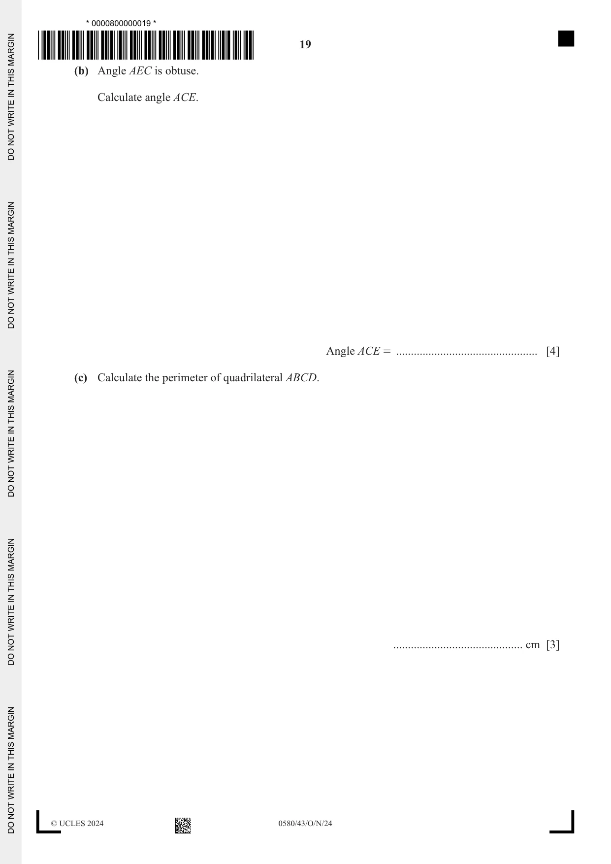Cambridge IGCSE Mathematics 0580 2024 Oct/Nov Paper 4 · Variant 3 question paper, page 19 of 20