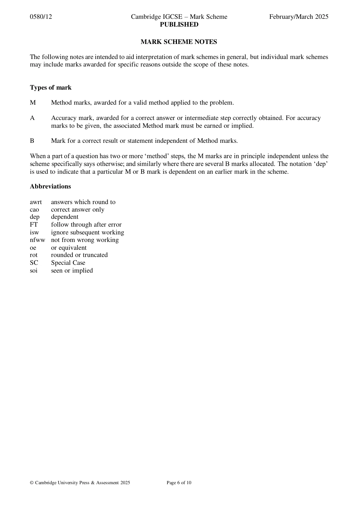 Mark scheme, page 6 of 10