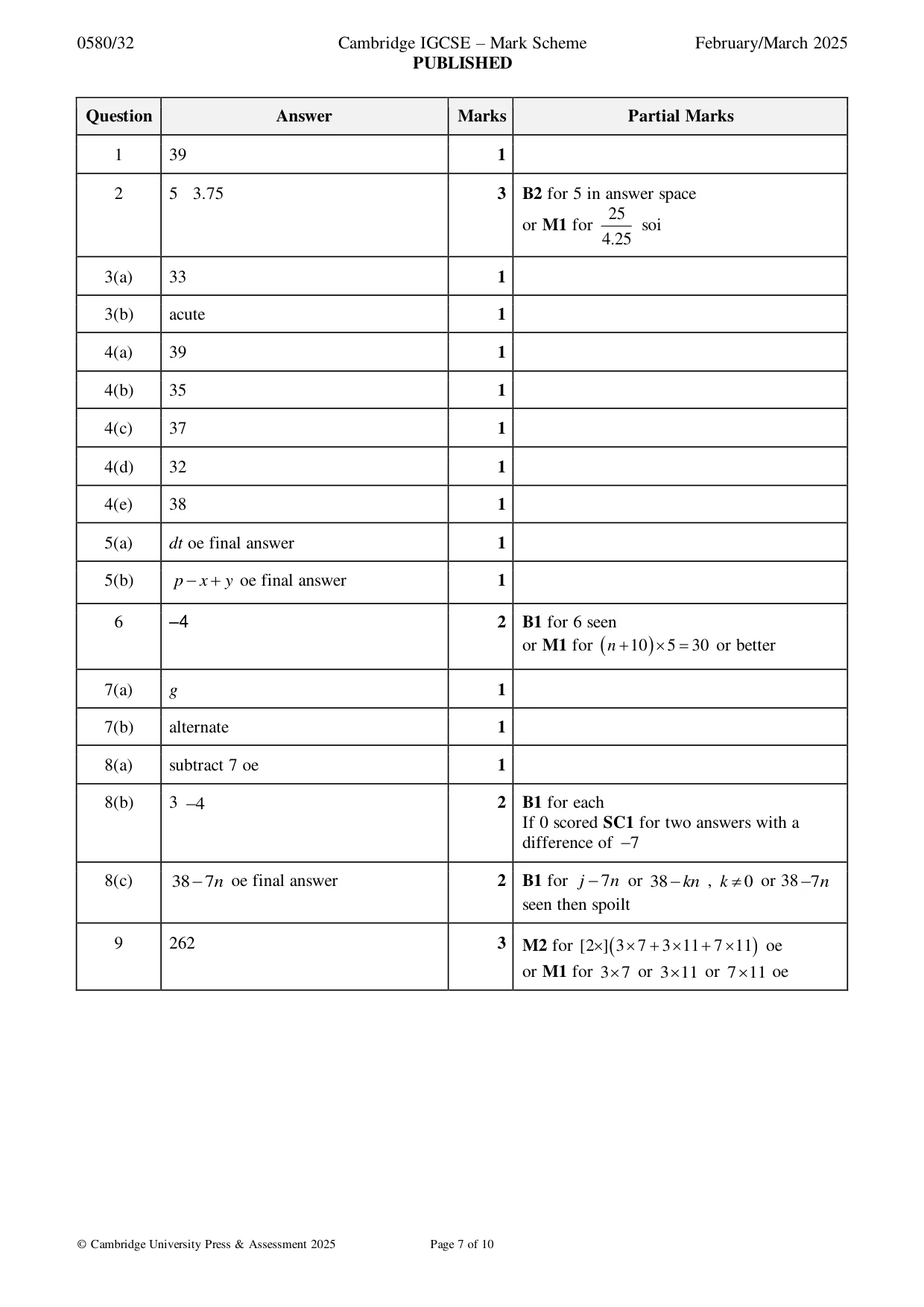 Mark scheme, page 7 of 10