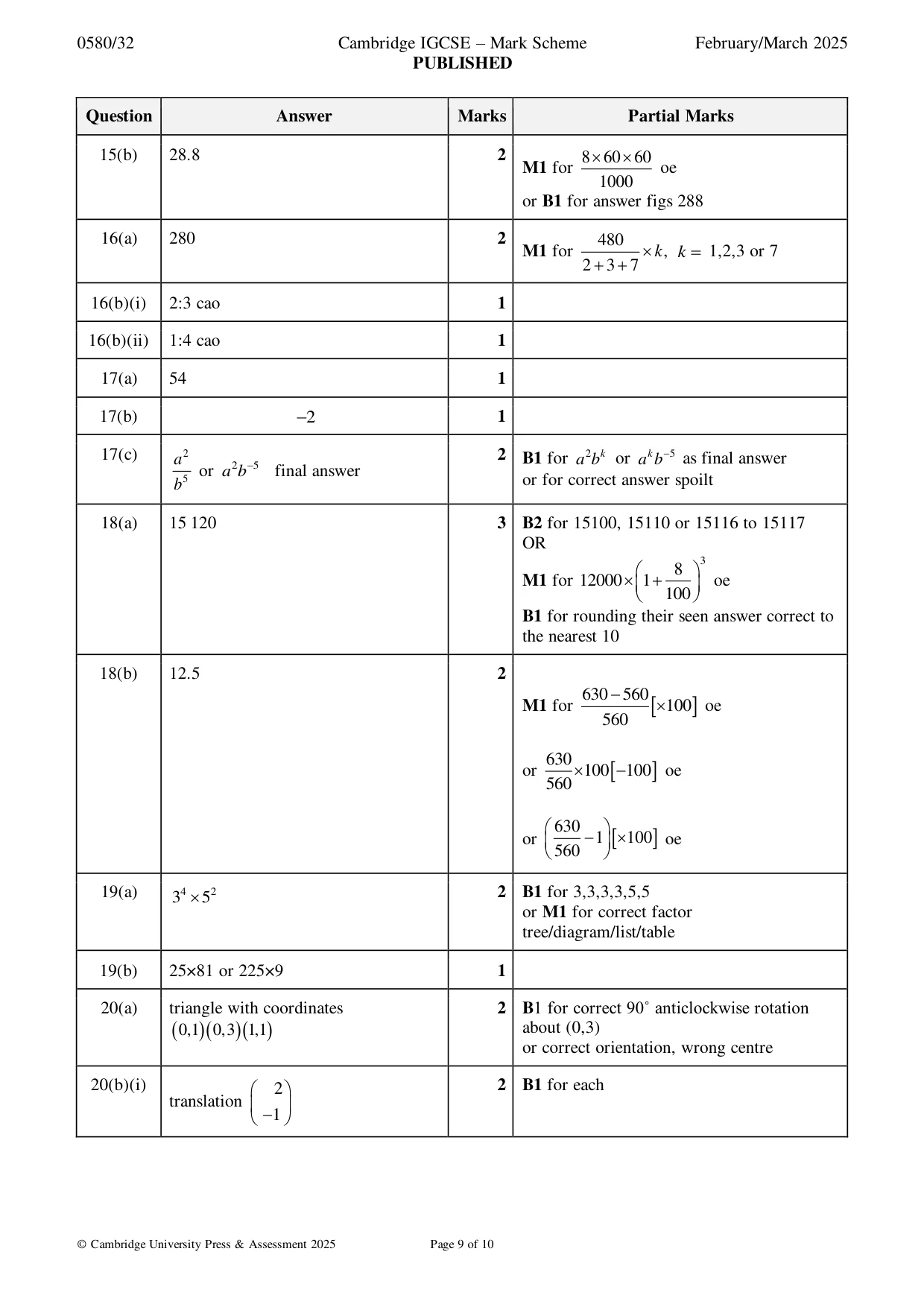 Mark scheme, page 9 of 10