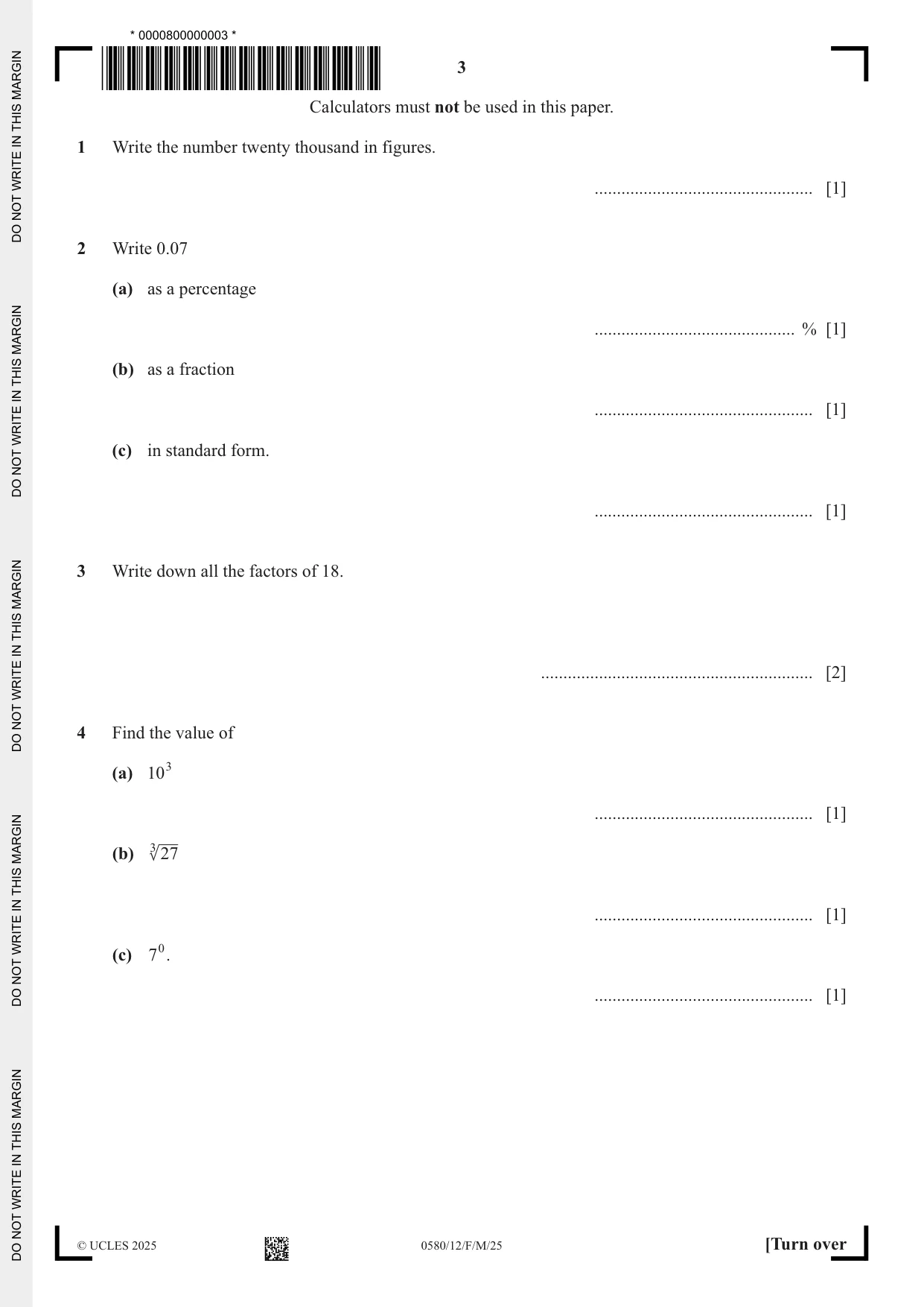 Cambridge IGCSE Mathematics 0580 2025 Feb/March Paper 1 · Variant 2 question paper, page 3 of 20