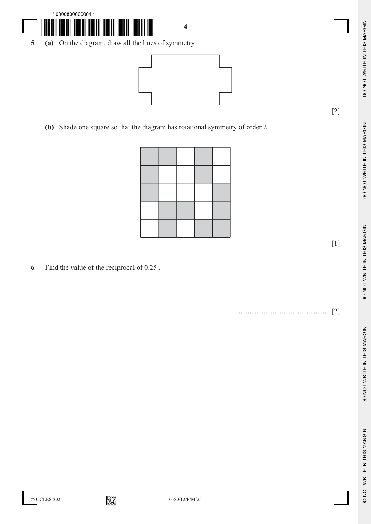 Cambridge IGCSE Mathematics 0580 2025 Feb/March Paper 1 · Variant 2 question paper, page 4 of 20