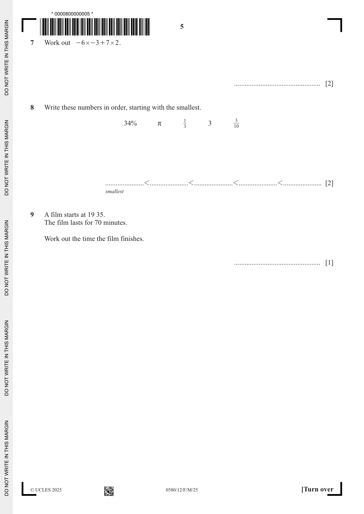 Cambridge IGCSE Mathematics 0580 2025 Feb/March Paper 1 · Variant 2 question paper, page 5 of 20
