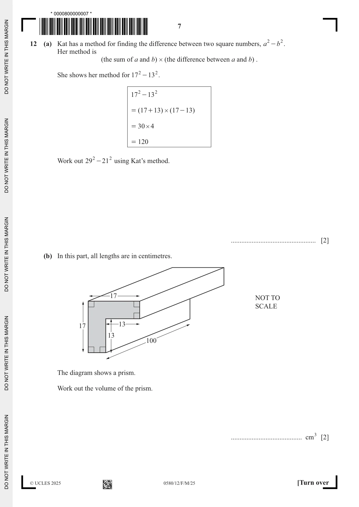 Cambridge IGCSE Mathematics 0580 2025 Feb/March Paper 1 · Variant 2 question paper, page 7 of 20