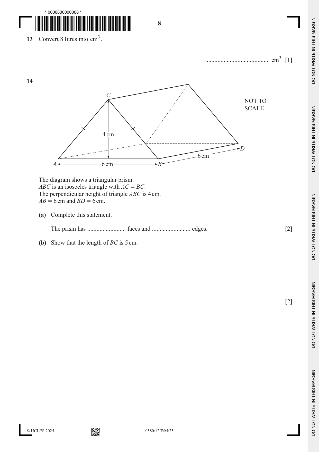 Cambridge IGCSE Mathematics 0580 2025 Feb/March Paper 1 · Variant 2 question paper, page 8 of 20
